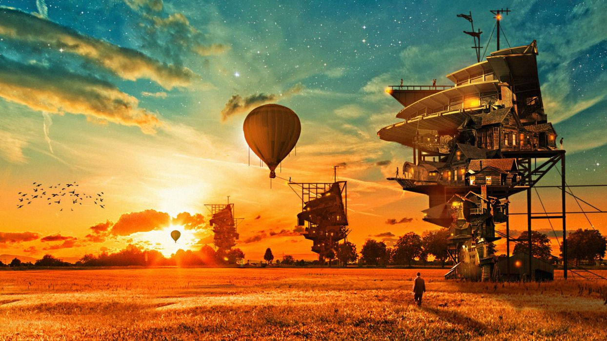 A steampunk hot air balloon soars in the sky Wallpaper