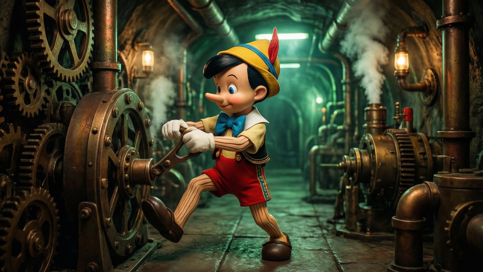 Pinocchio in een steampunk ondergrondse faciliteit met tandwielen.