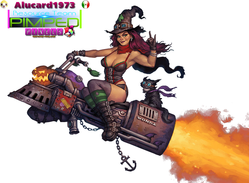 Steampunk Witch Riding Motorcycle Pinup PNG