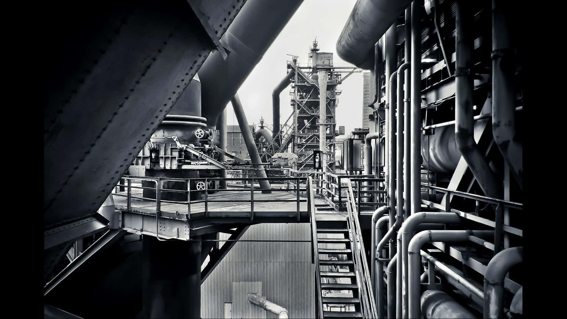 En sort og hvid foto af en fabrik Wallpaper