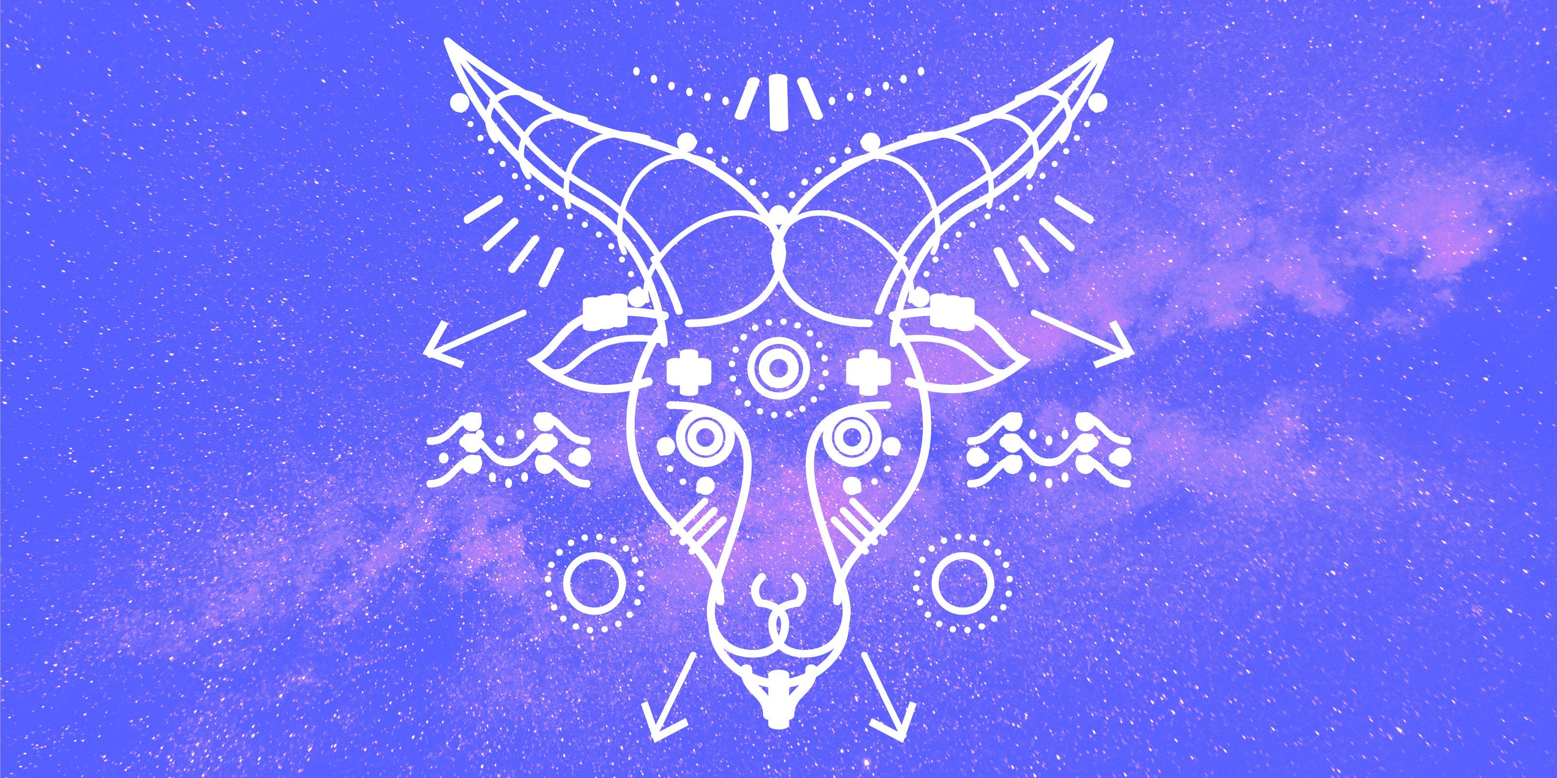 Capricorn Doodle Art Wallpaper — A white geometric goat head with arrows and circles floats against a starry purple and pink cosmic sky.