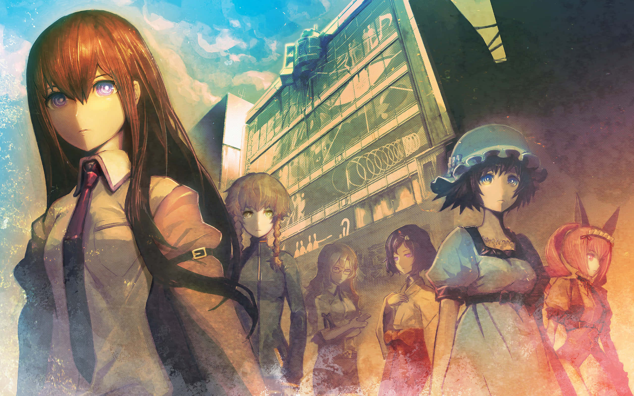 Steins Gate Main Characters on a City Background