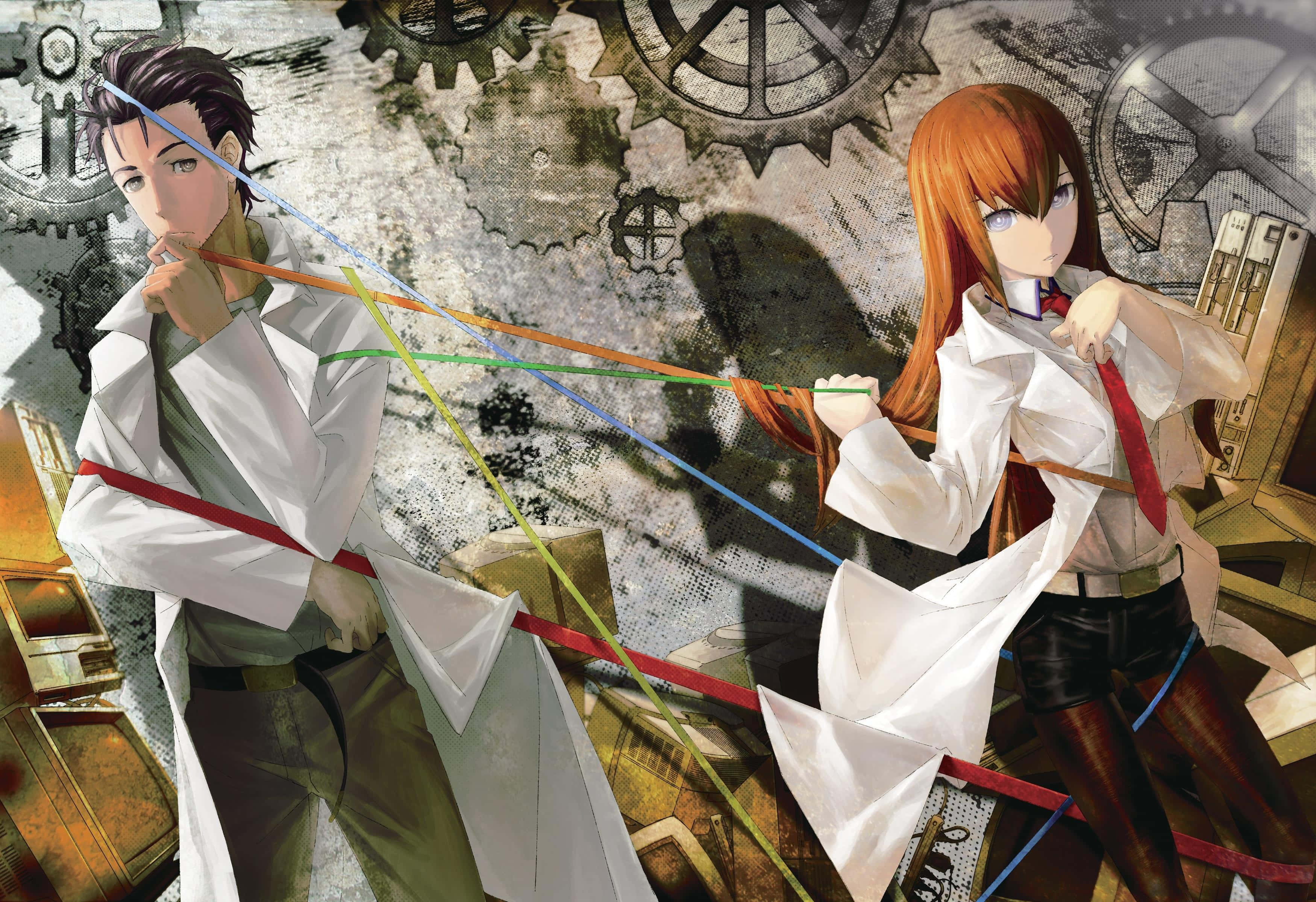 Steins Gate Characters in a Futuristic Cityscape
