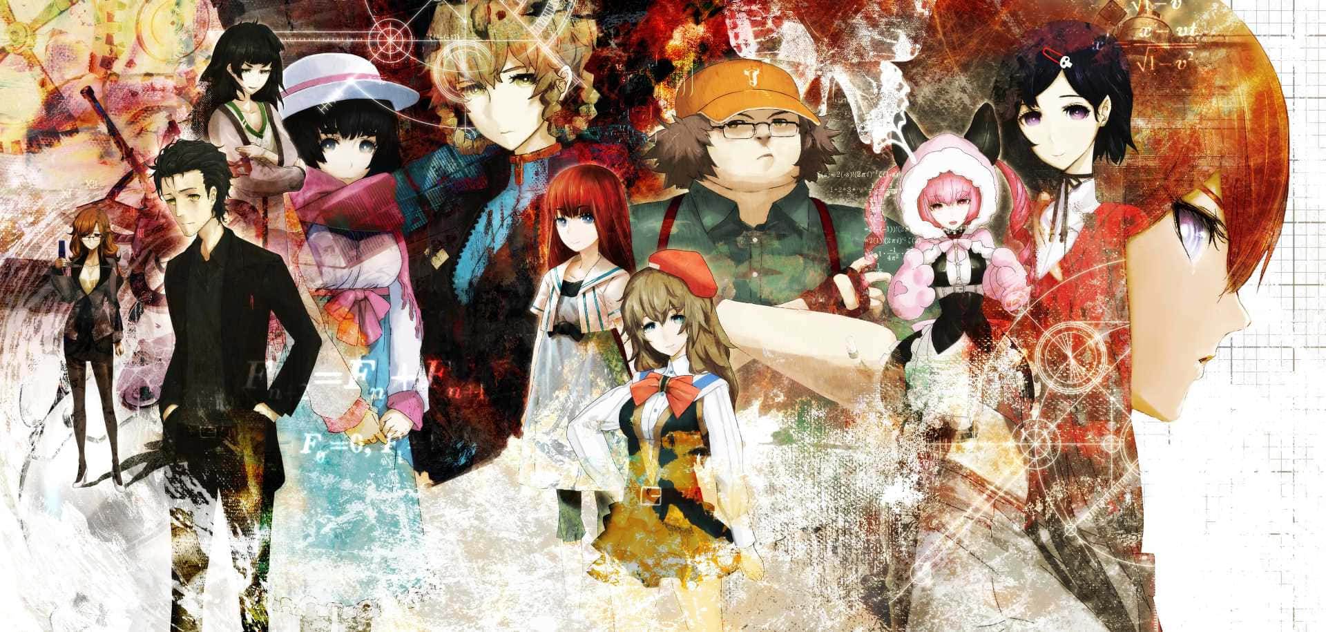 En gruppe anime-karakterer står foran en baggrund af glødende hjerter.