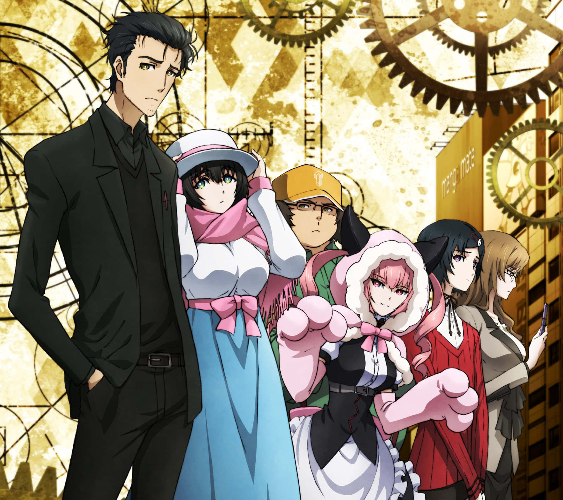 A Group Of Anime Characters Standing In Front Of A Clock