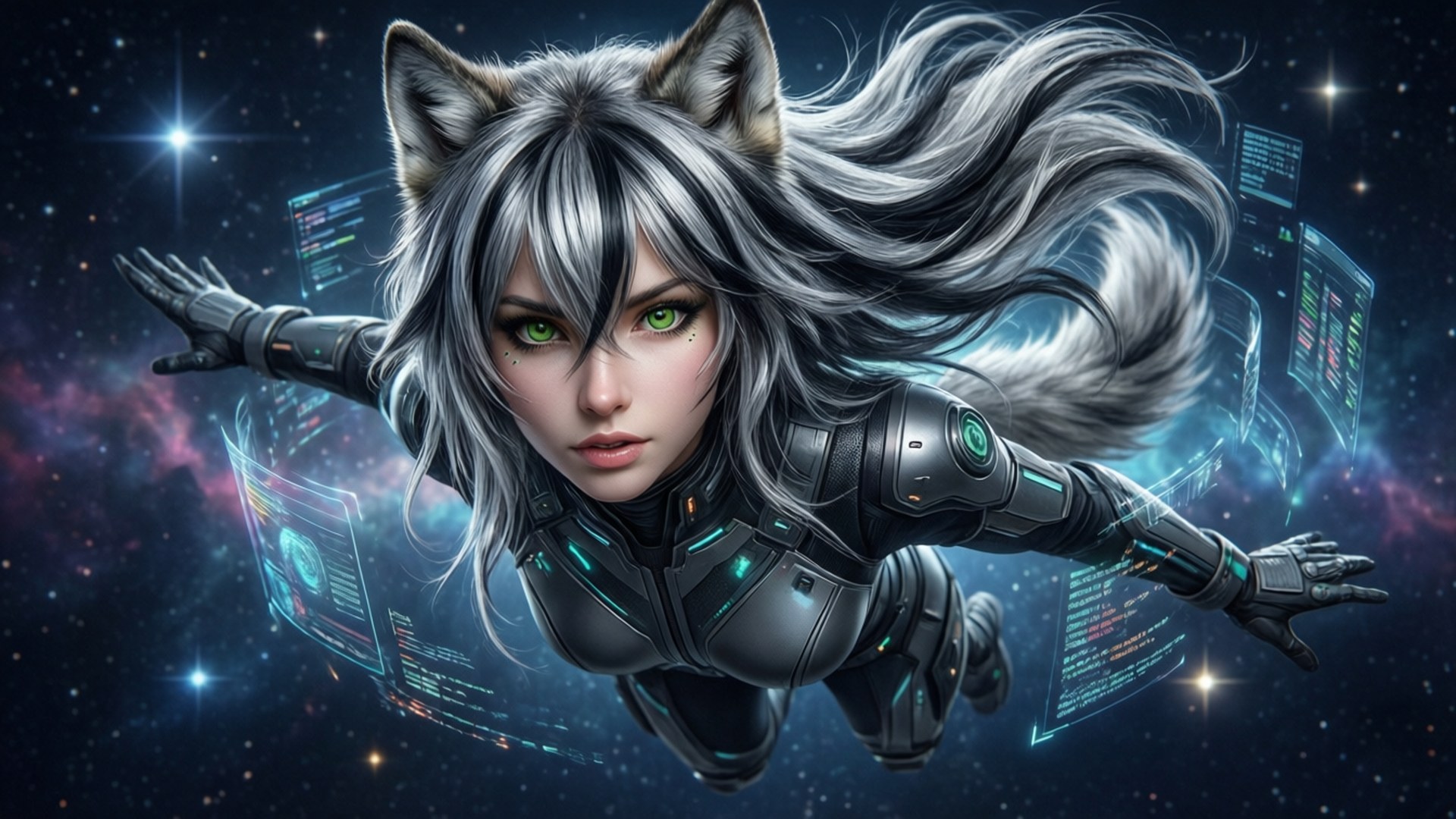 Stellar Wolf Wallpaper — A cybernetic fox-eared woman with silver hair floats through a starry nebula surrounded by floating holographic data screens.