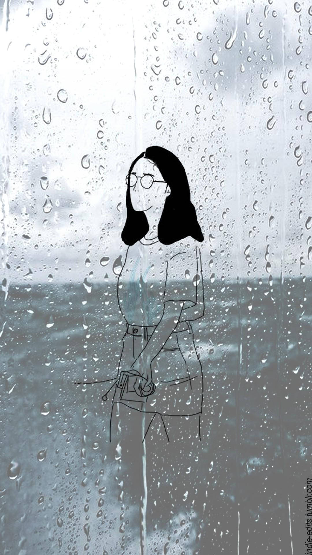 Stenciled Woman In Rain Dark Grunge Aesthetic Wallpaper