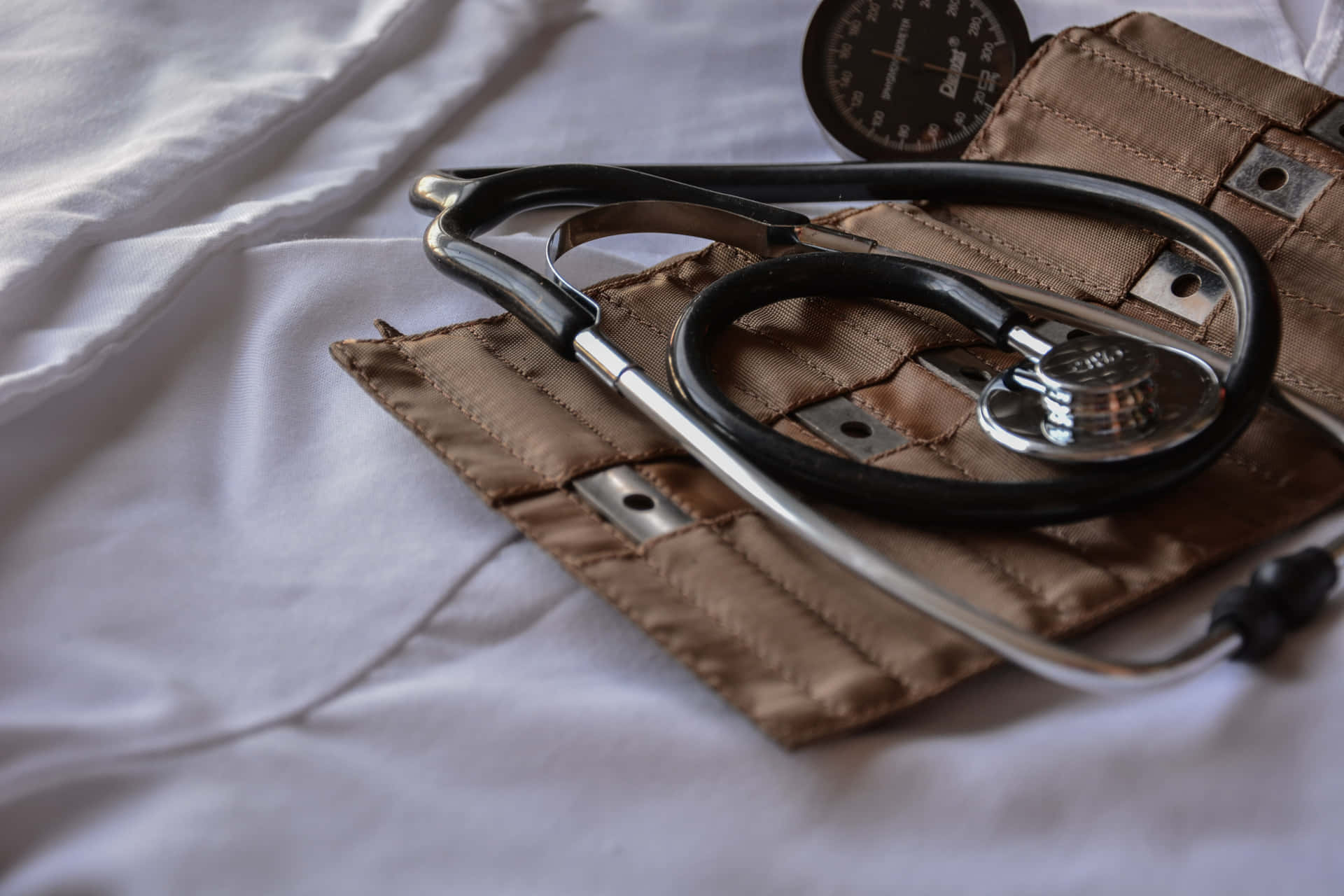 Close-up of a stethoscope on a desk