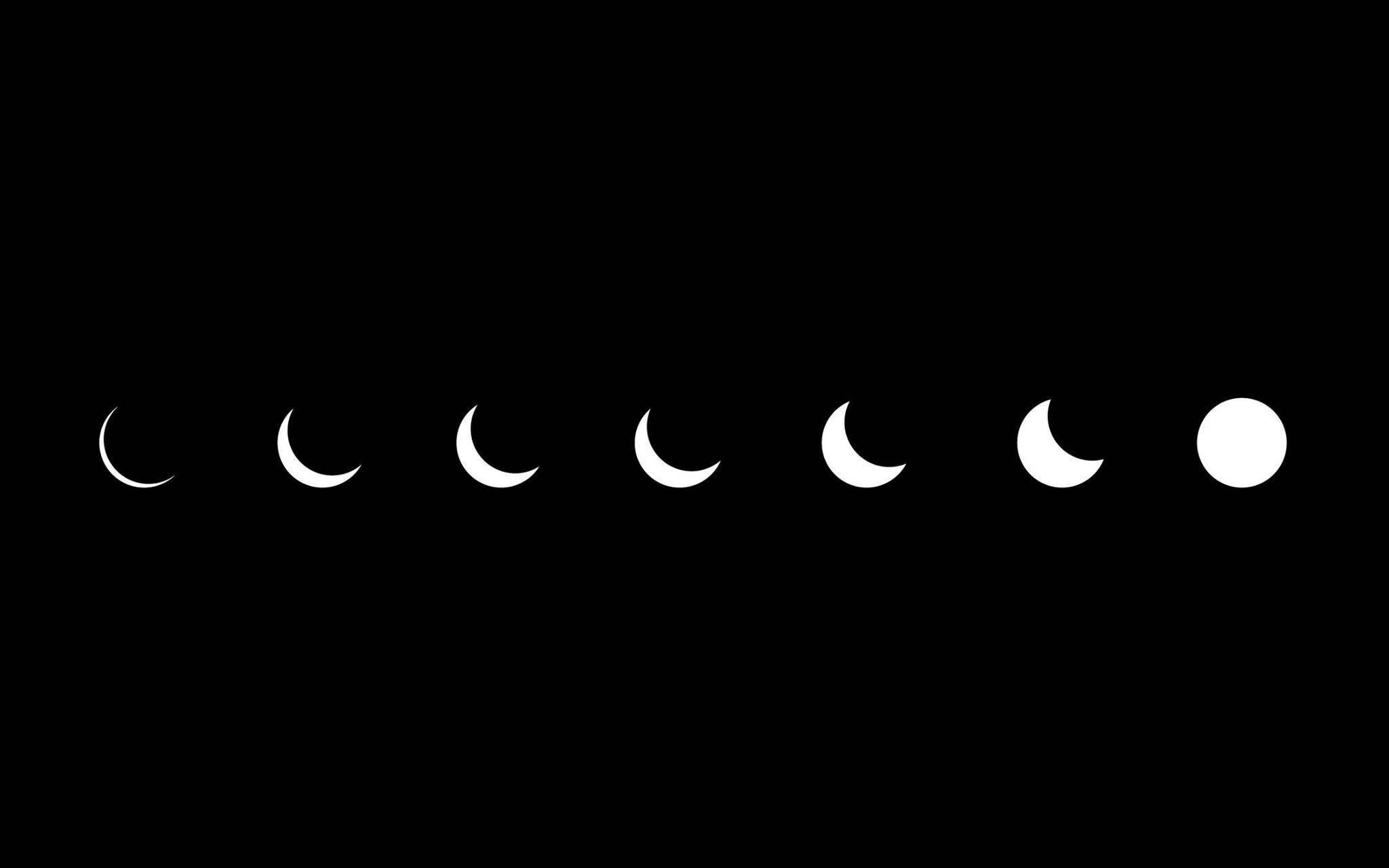 Aesthetic Moon Laptop Wallpaper — A minimalist sequence of white moon phases from crescent to full moon against a solid black background.