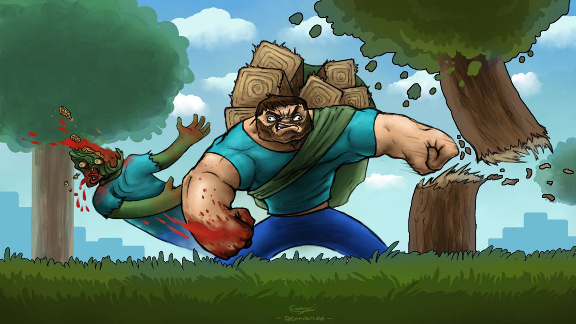 Steve Punching Trees And Zombies 2560x1440 Minecraft Picture