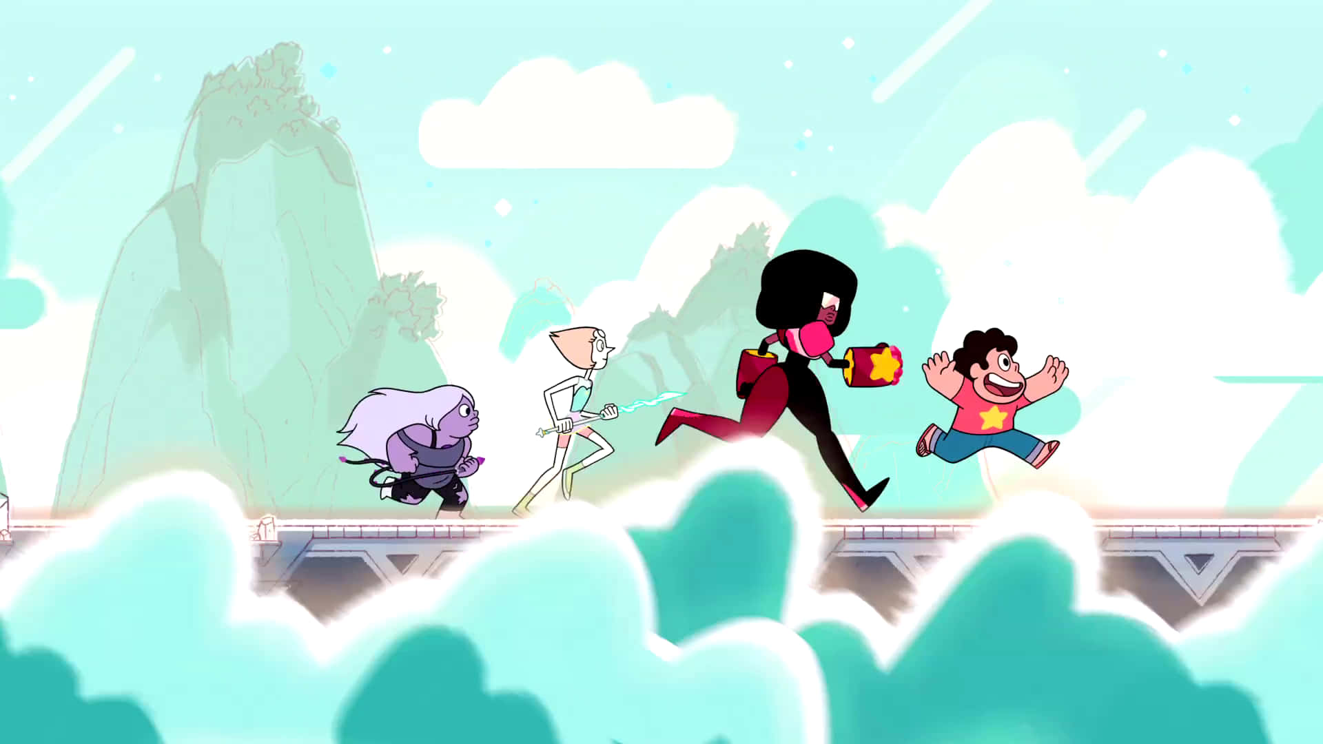 Steven Universe fan-favorite characters Pearl, Garnet, Amethyst and Steven come together for an iconic group shot! Wallpaper