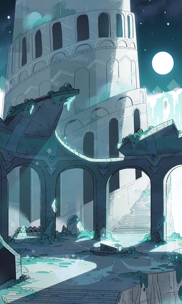 Et slot med ruiner og en månelandskab nat Wallpaper