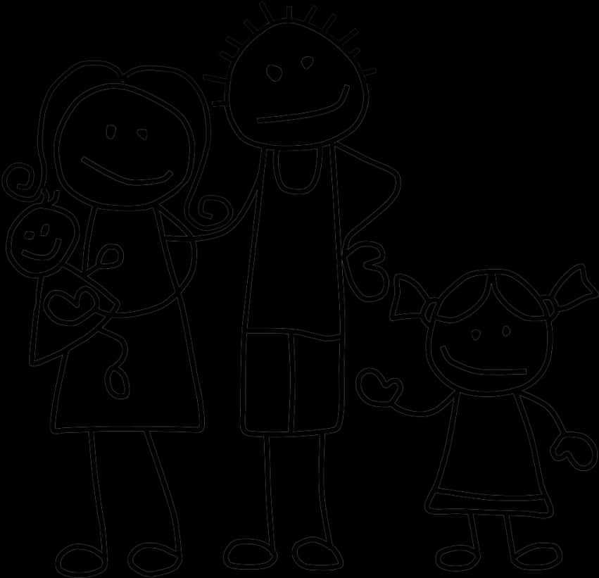 Stick Family Drawing Black Outline PNG