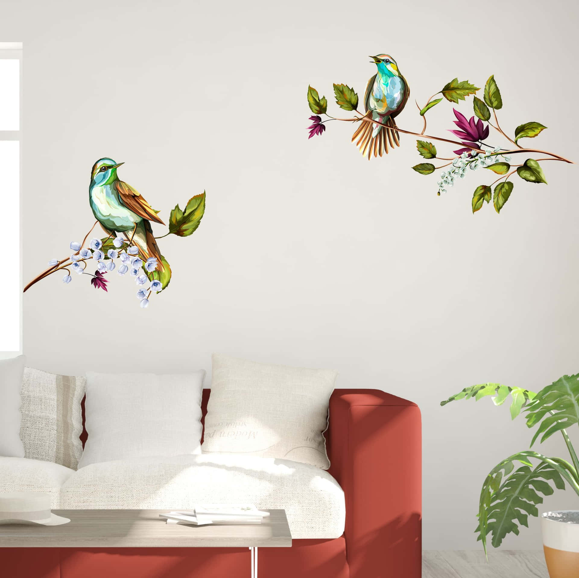Two Birds On A Branch In A Living Room