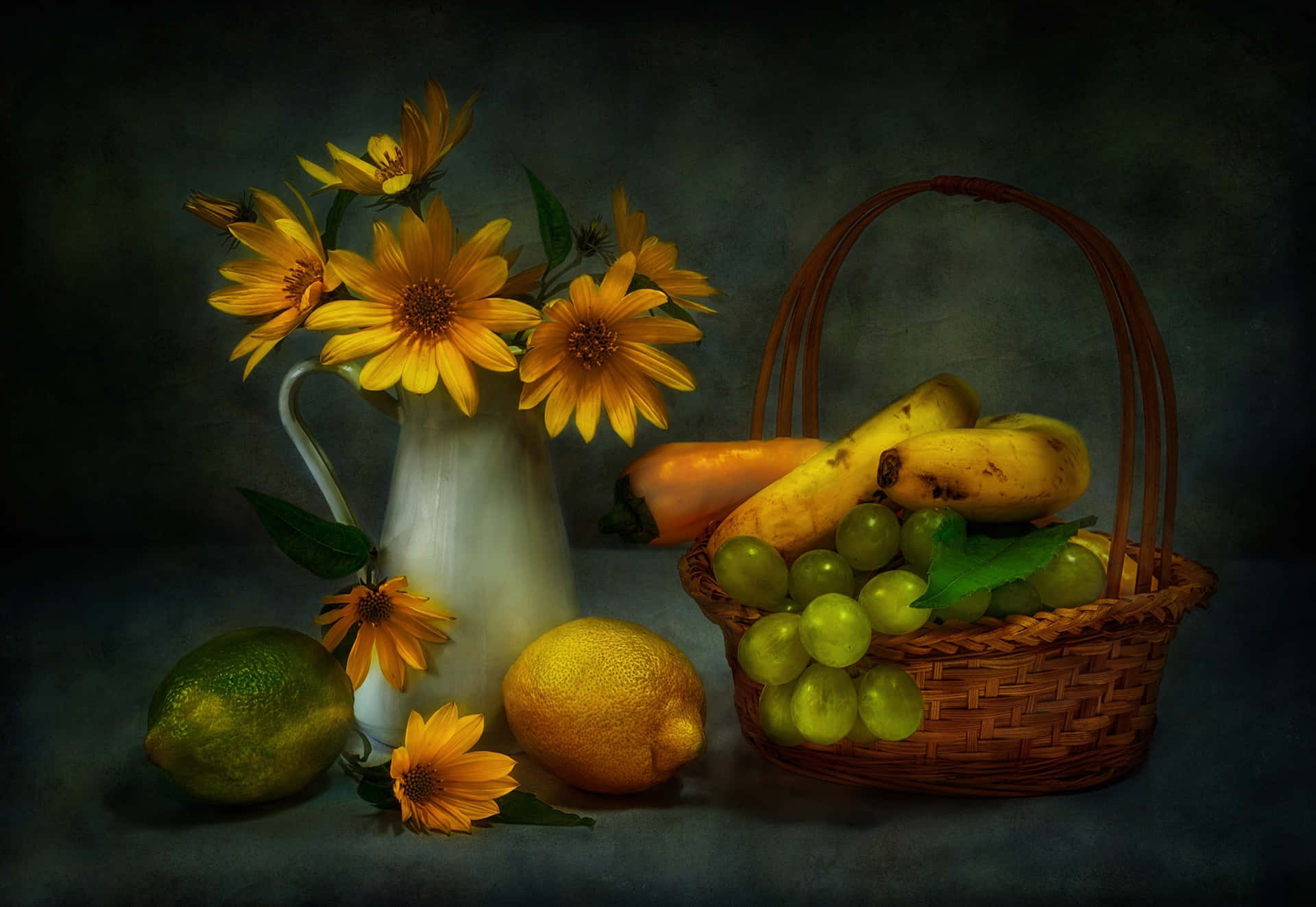 Flowers And Fruit Basket Still Life Picture