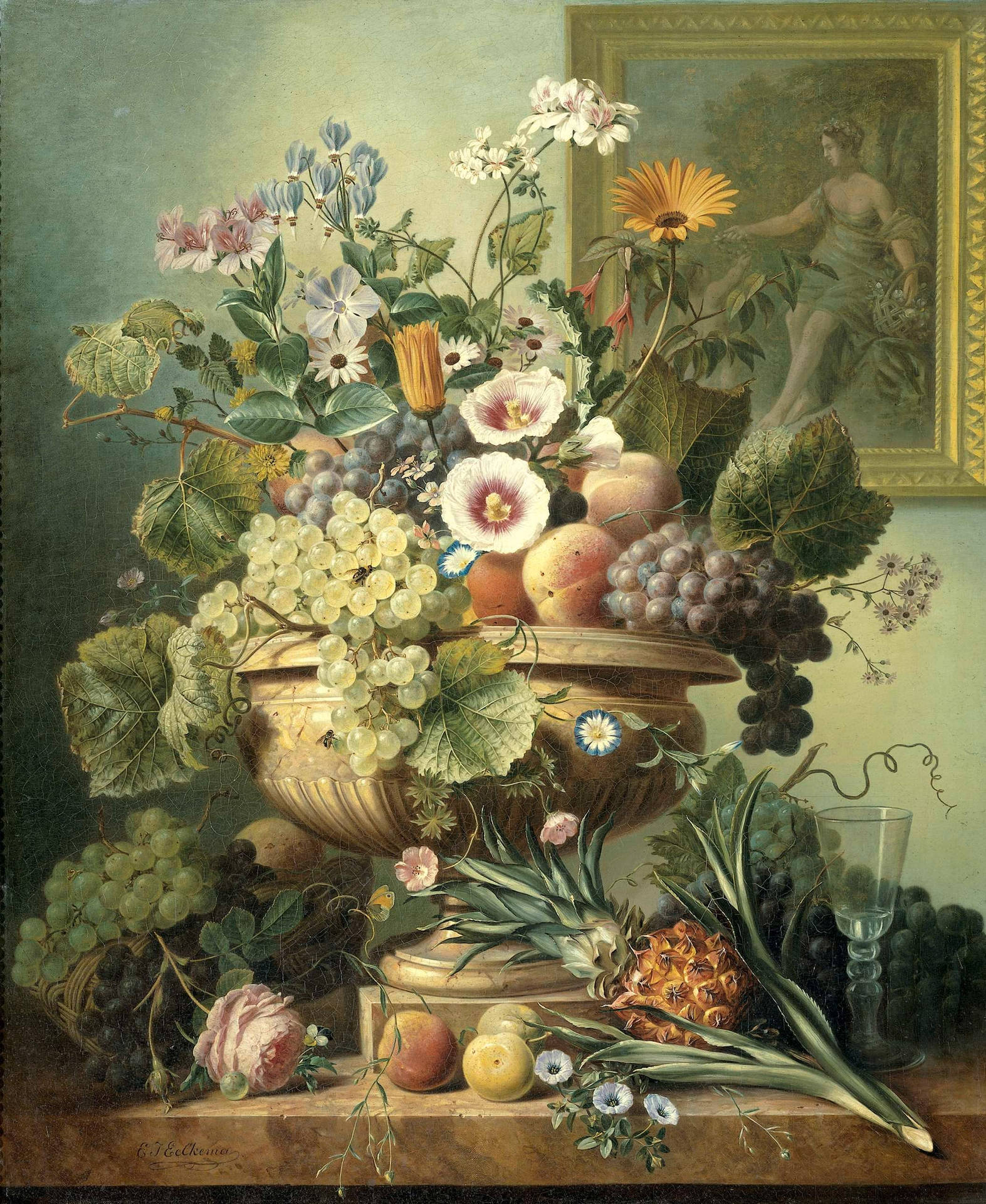 Stillaliv Med Blommor Och Frukt-målning. Wallpaper