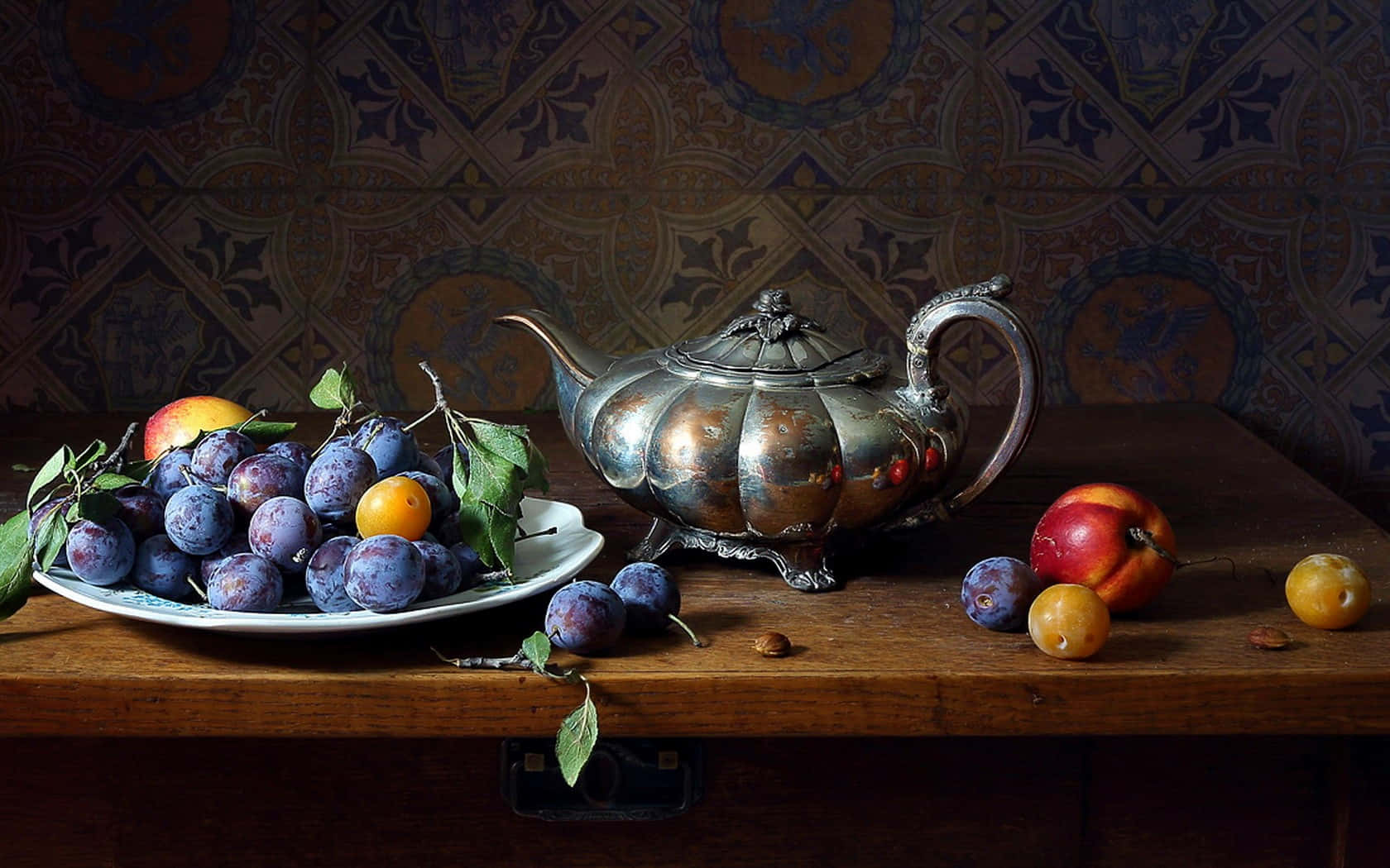 Still Lifewith Silver Teapotand Fruit Wallpaper