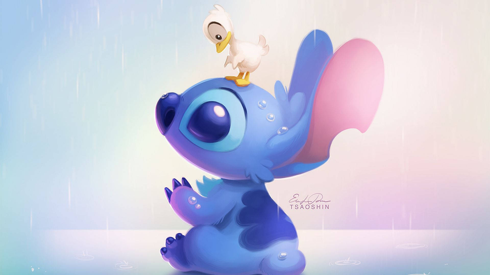 Stitch and a duckling on his head fan art wallpaper.