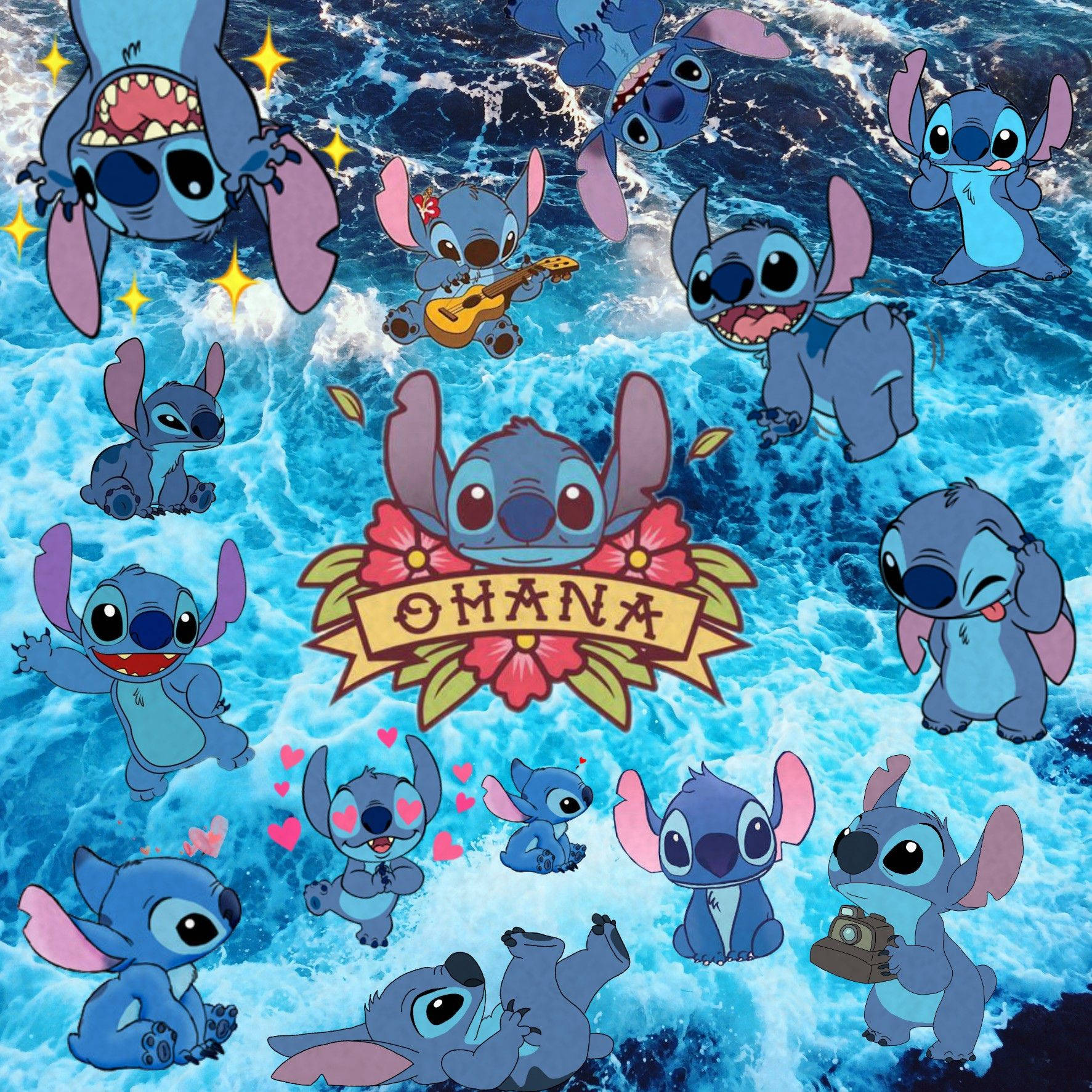 Stitch Collage Over Ocean Waves Wallpaper
