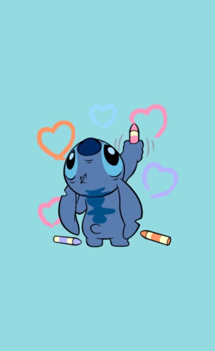 Stitch drawing colorful hearts on the wall wallpaper.