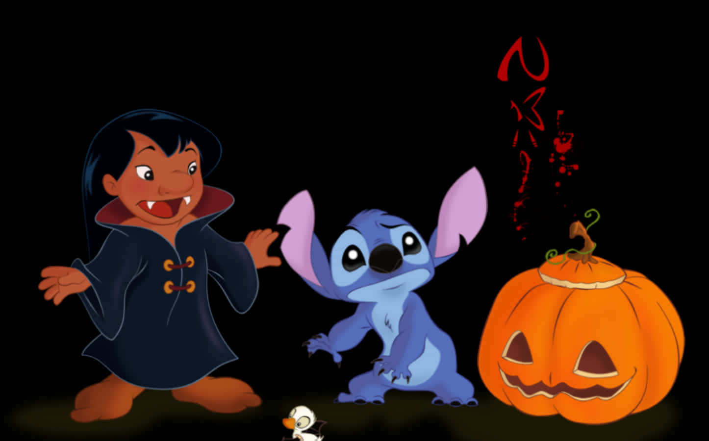 Lilo, Stitch, And Halloween Pumpkin Wallpaper