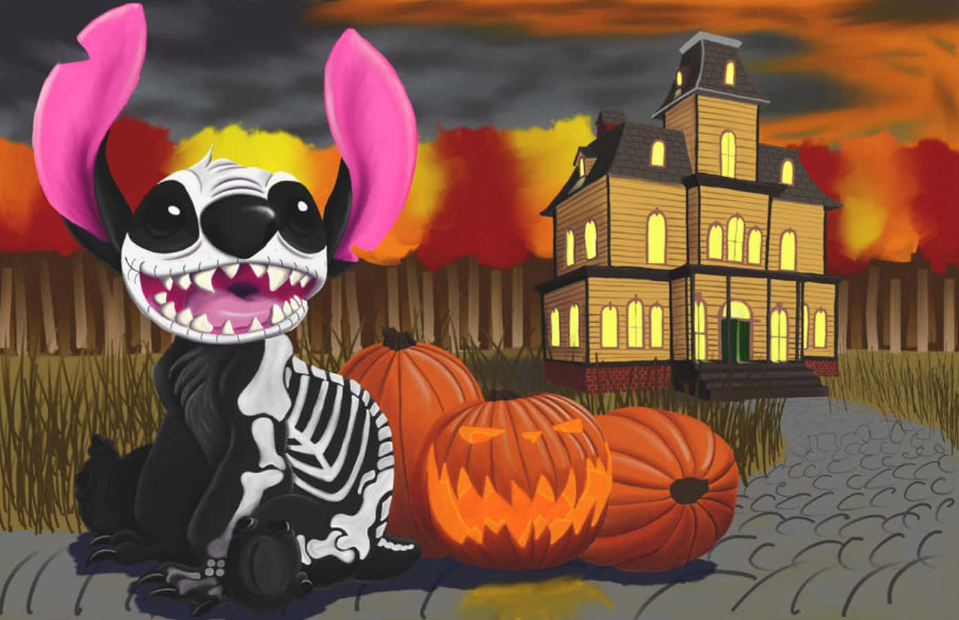 Crearun Fondo De Pantalla Con Un Disfraz De Halloween De Esqueleto De Stitch. Fondo de pantalla