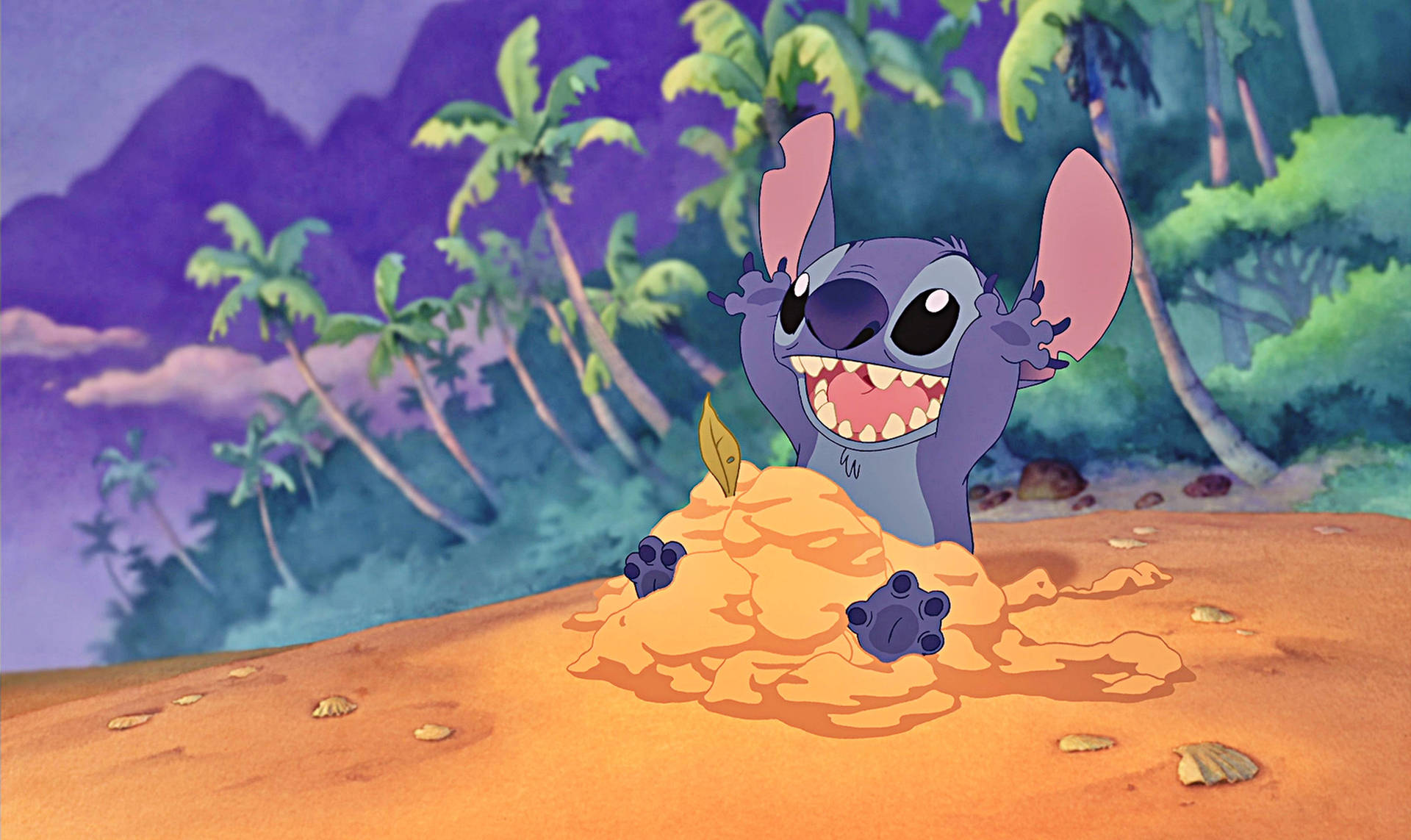 Stitch playing in the sand on the beach wallpaper.