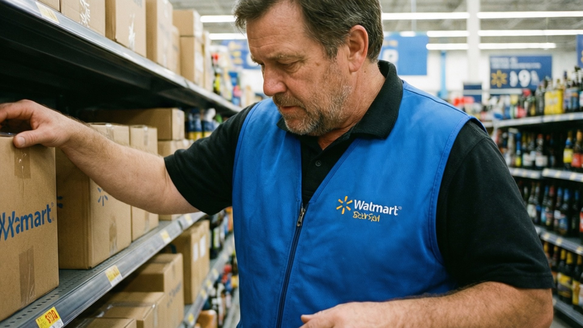 Candid shot of a Walmart employee stocking shelves.