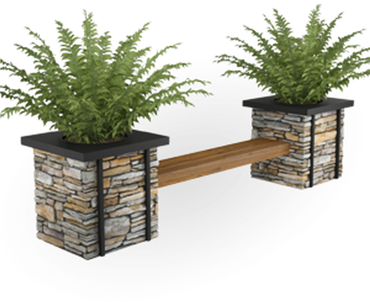 Stone Planter Benchwith Ferns PNG