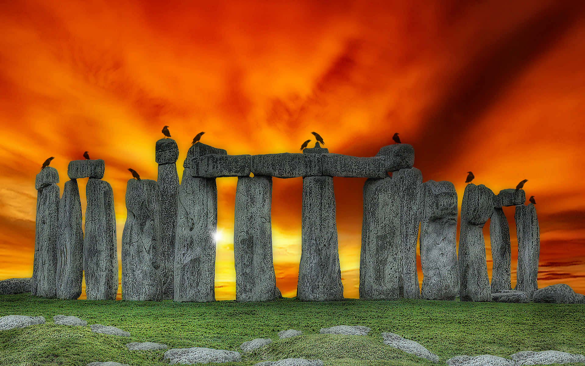 Stonehenge With Fiery Sky Background Wallpaper