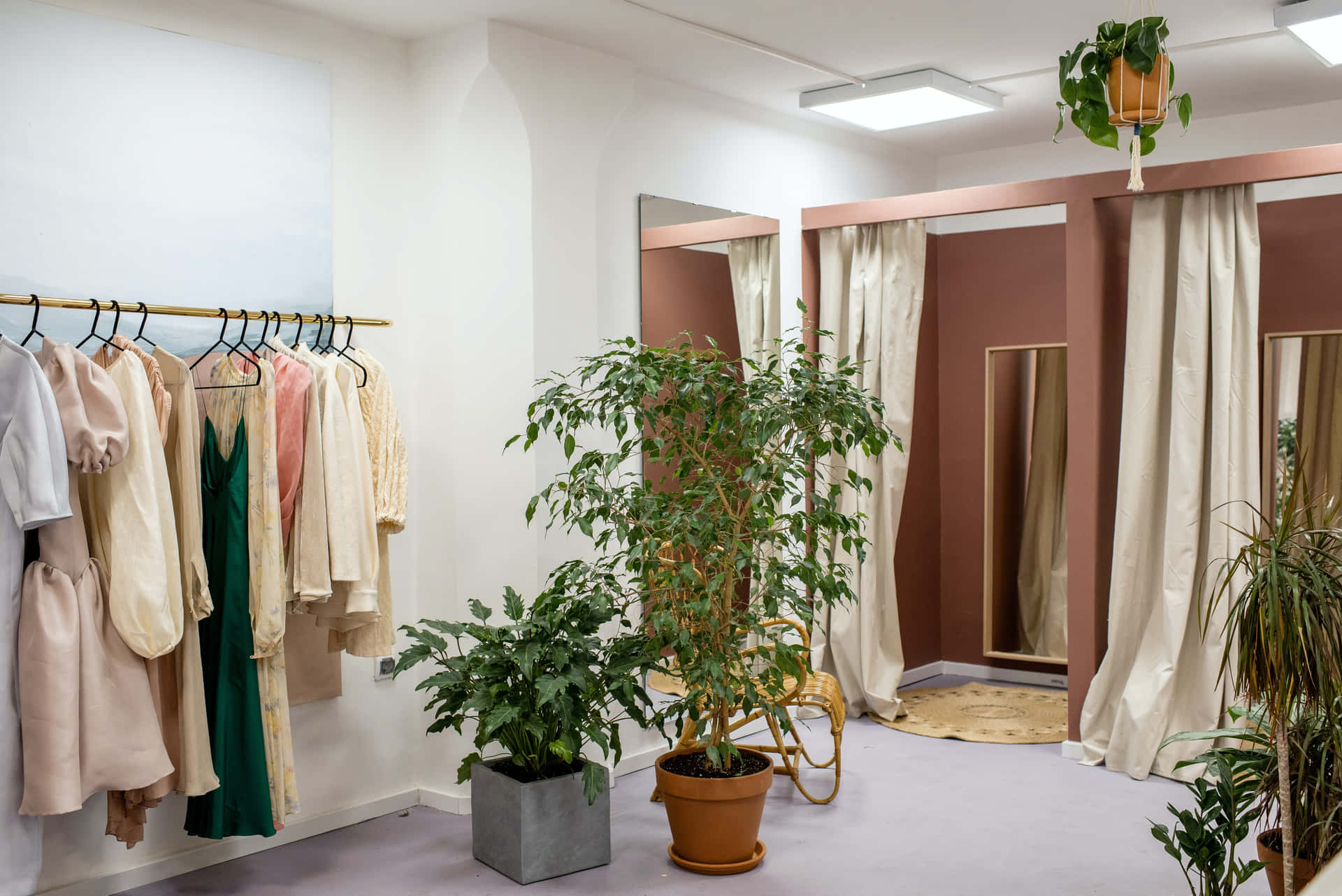 A Room With Clothes Hanging On Racks And Plants