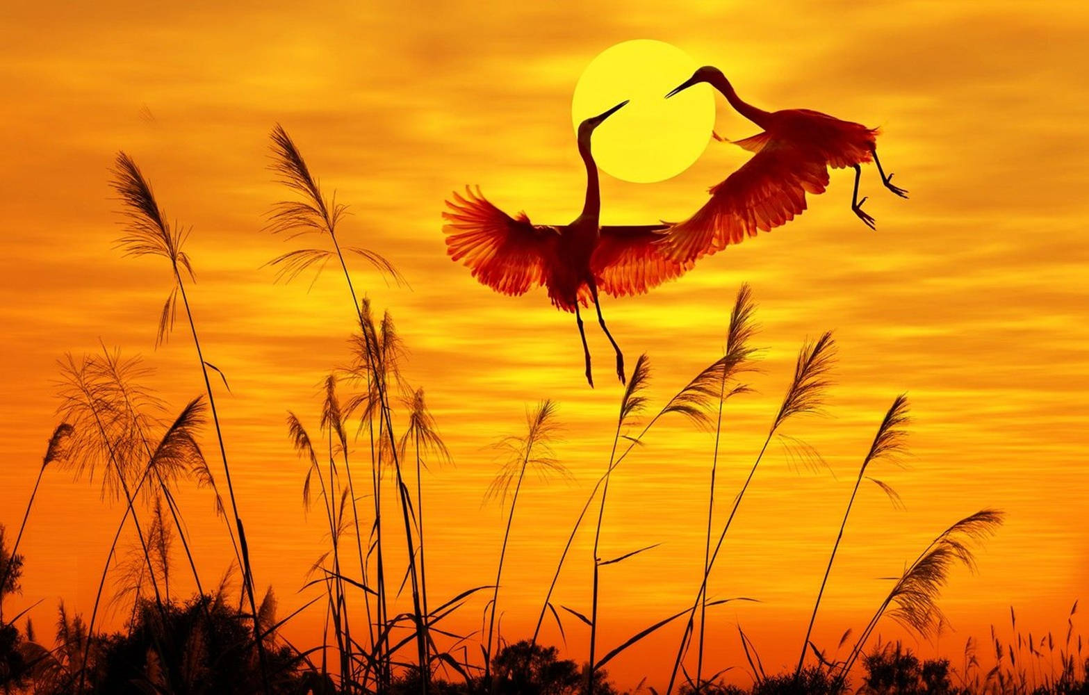 Stork Lover Birds Flying Against Sunset Wallpaper