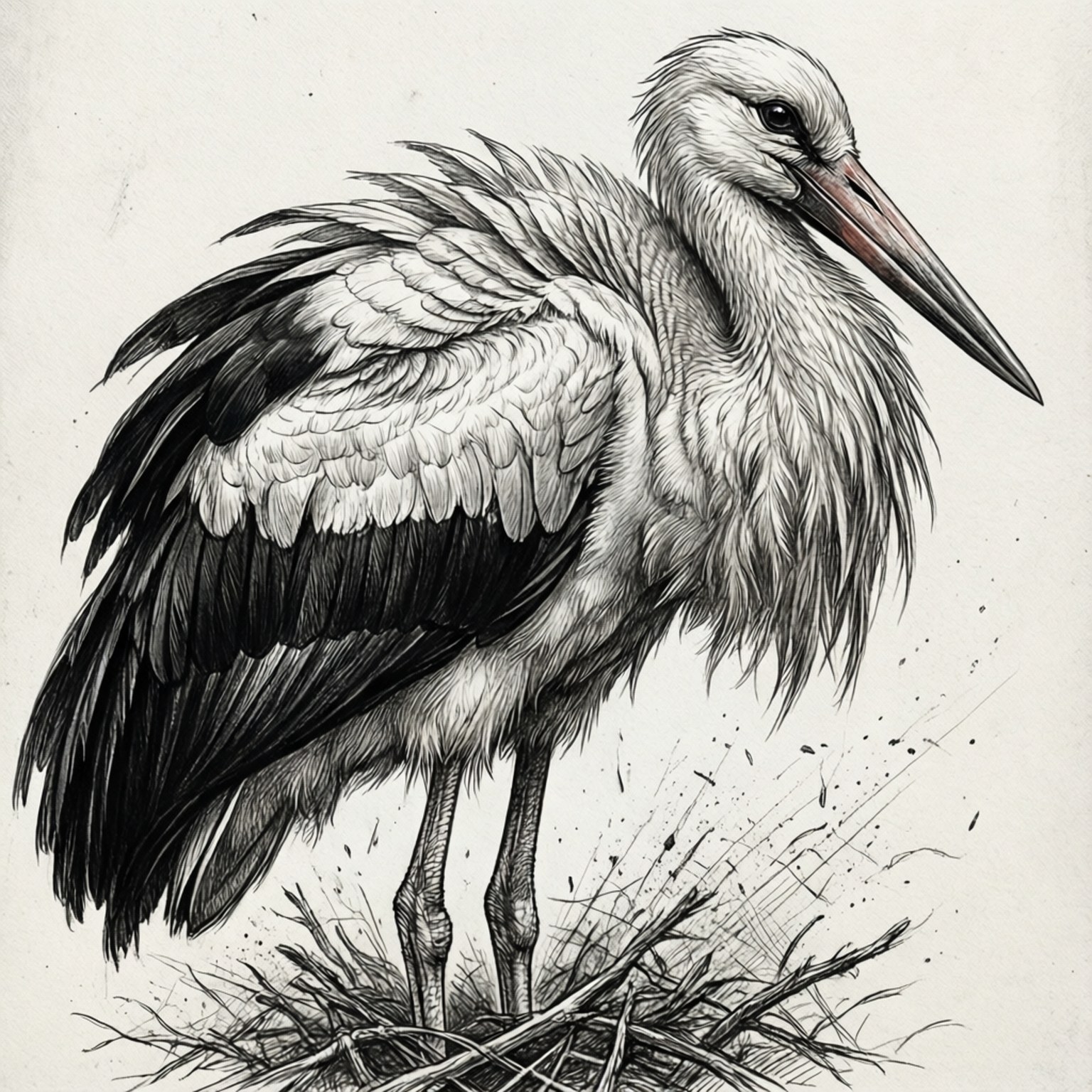 An elegant black and white sketch wallpaper of a stork