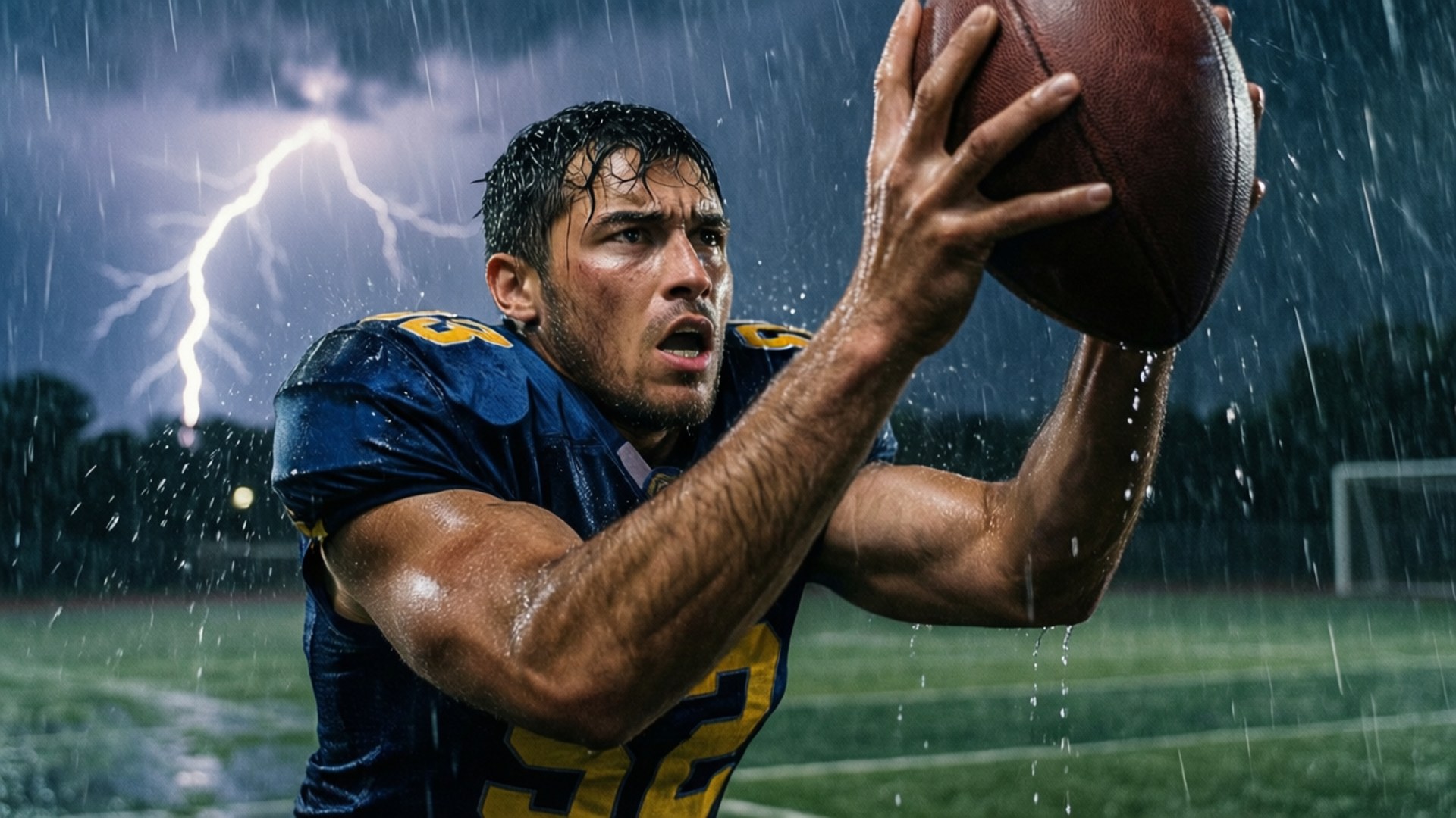 Wide receiver nappaa pallon ukkosmyrskyssä, salama valaisee hänen päättäväiset kasvonsa.