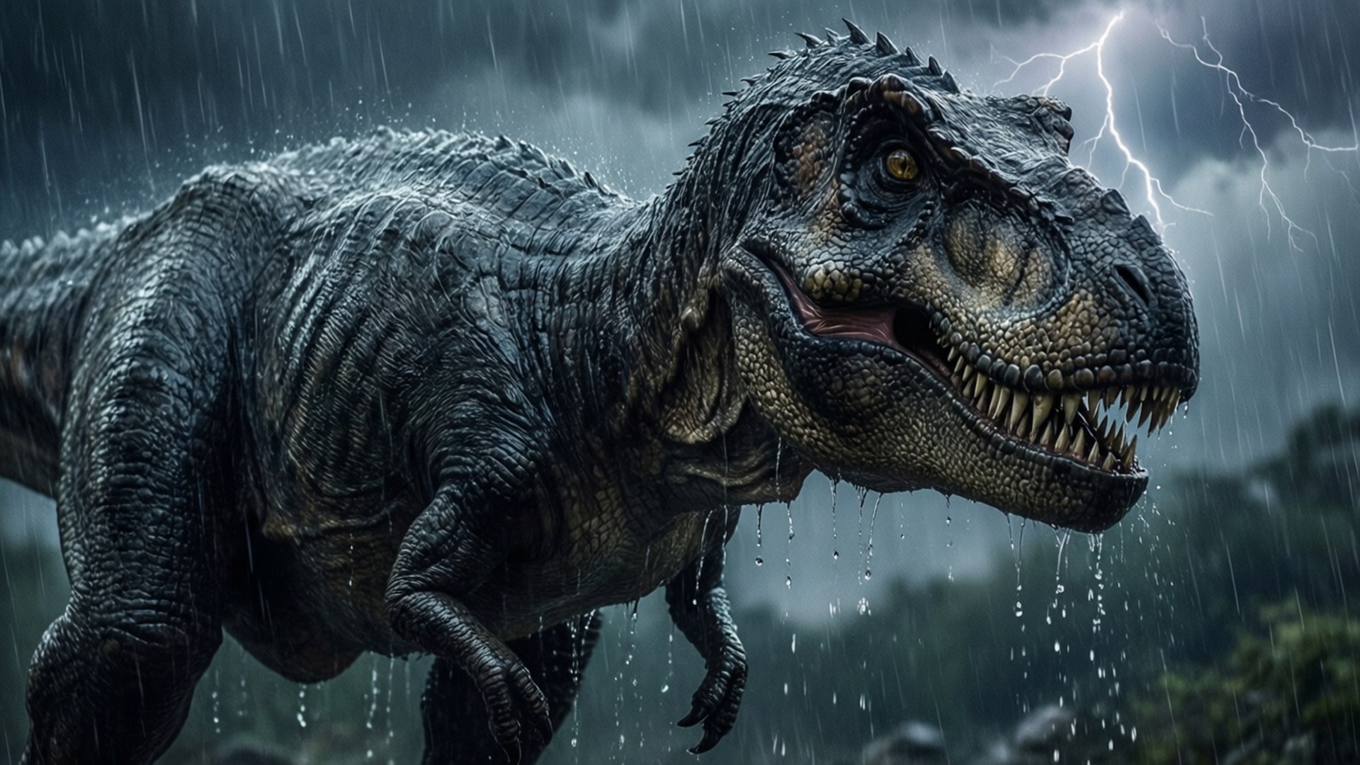 Tyrannosaurus rex roaring in a storm with lightning and rain.