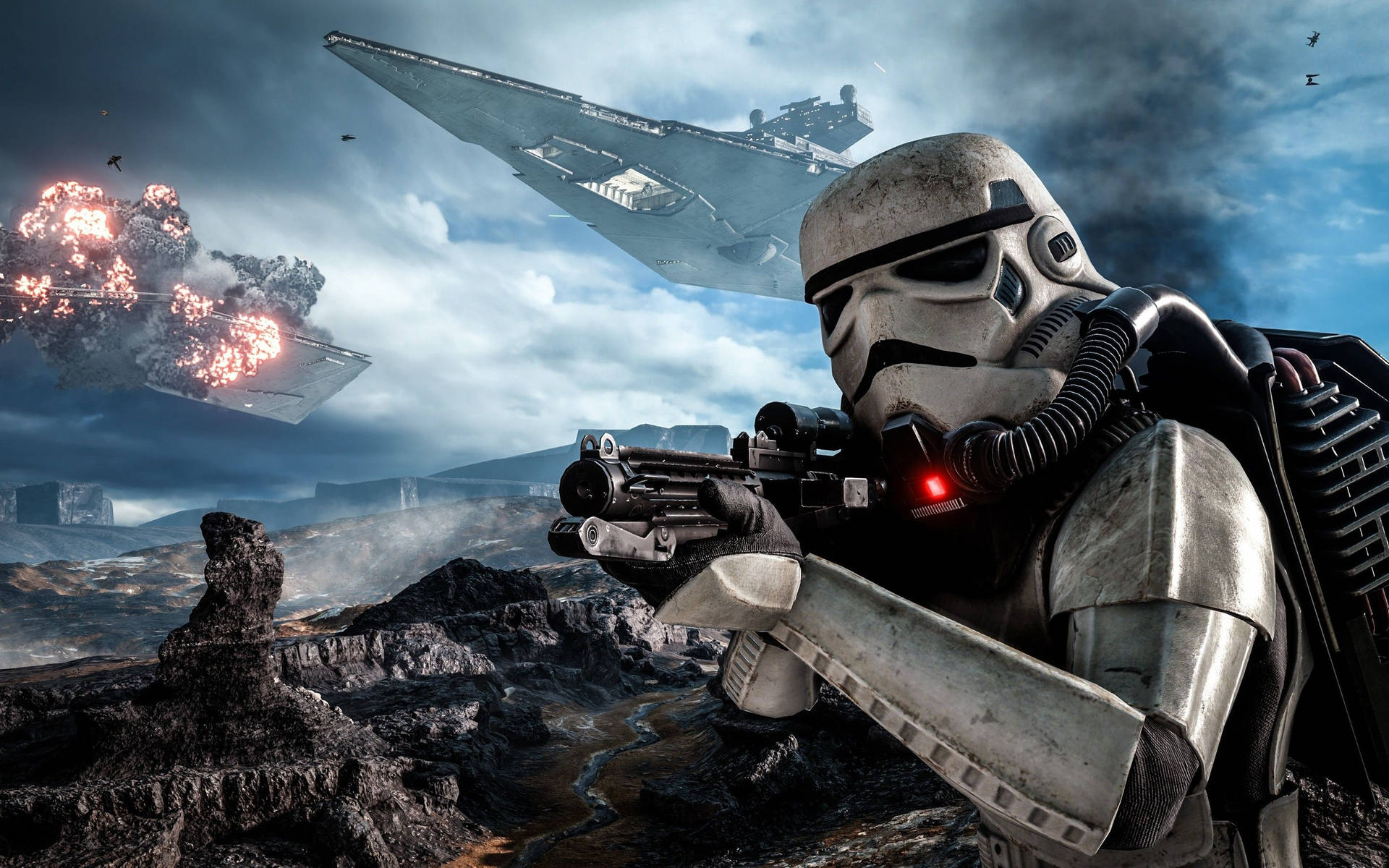 Stormtrooper Fights in a Galactic Battlefield Wallpaper
