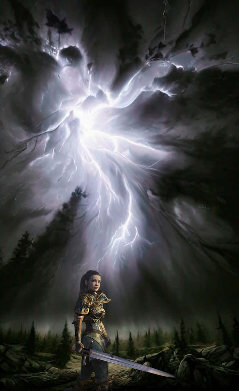 A Woman With A Sword In Front Of A Lightning Storm