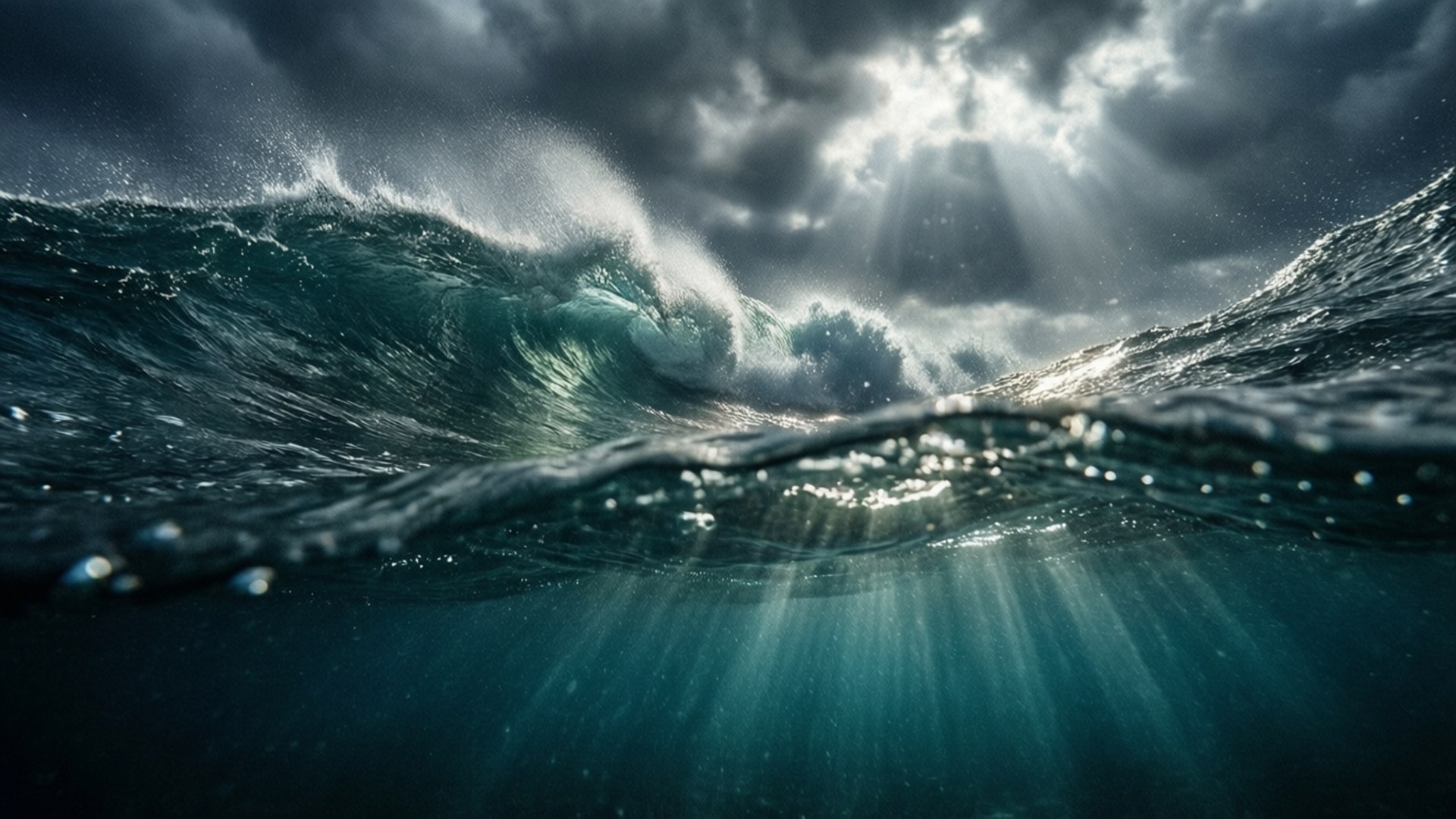 Stormfull overflate nedenfor Bakgrunner — Et dramatisk undervannssyn av en tårnhøy hav-bølge som bryter med solstråler som trenger gjennom stormskyer over.