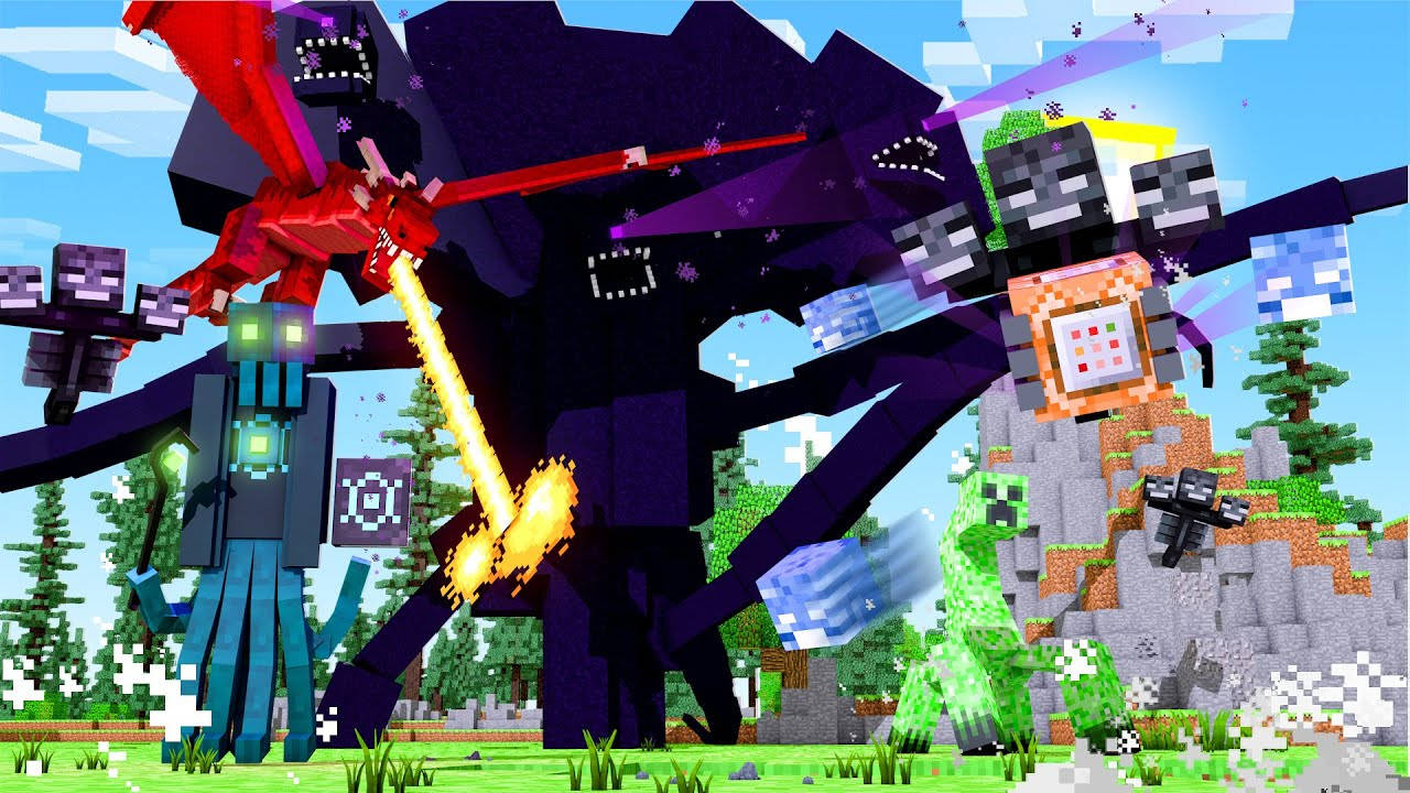Biggest Wither Storm Wallpaper — Pixelated Minecraft mobs battle in a vibrant grassy landscape under a bright blue sky.