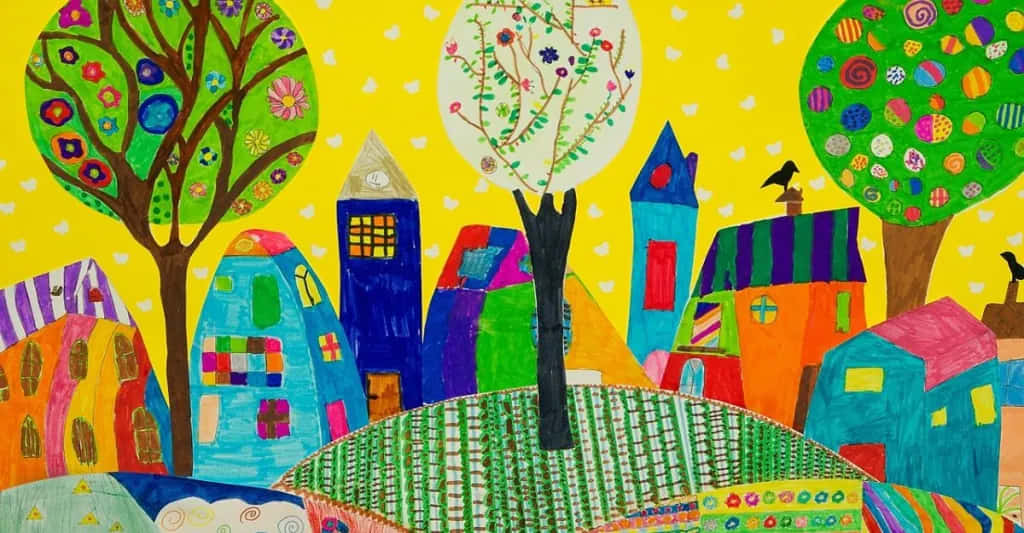 A Colorful Painting Of A Colorful Town With Trees And Birds