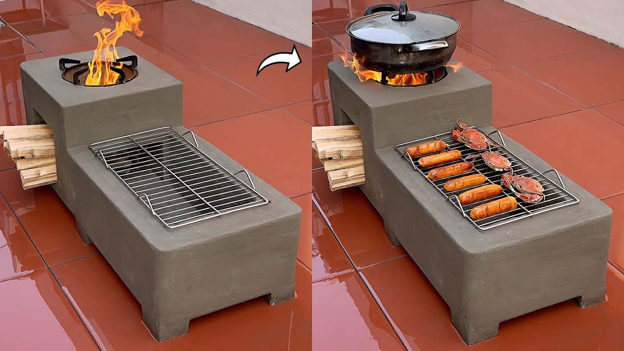 A Grill With A Fire And A Hotdog On It
