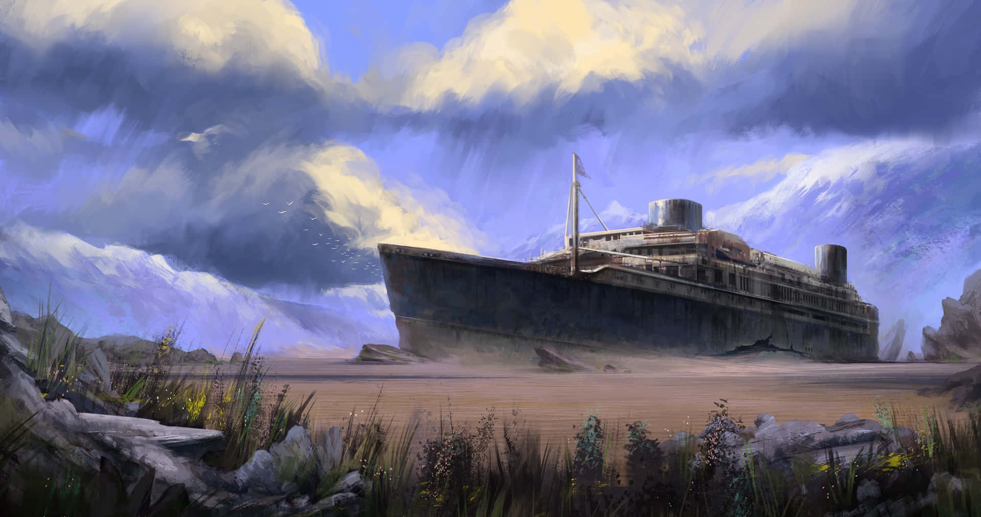 Stranded Ship Illustration Wallpaper
