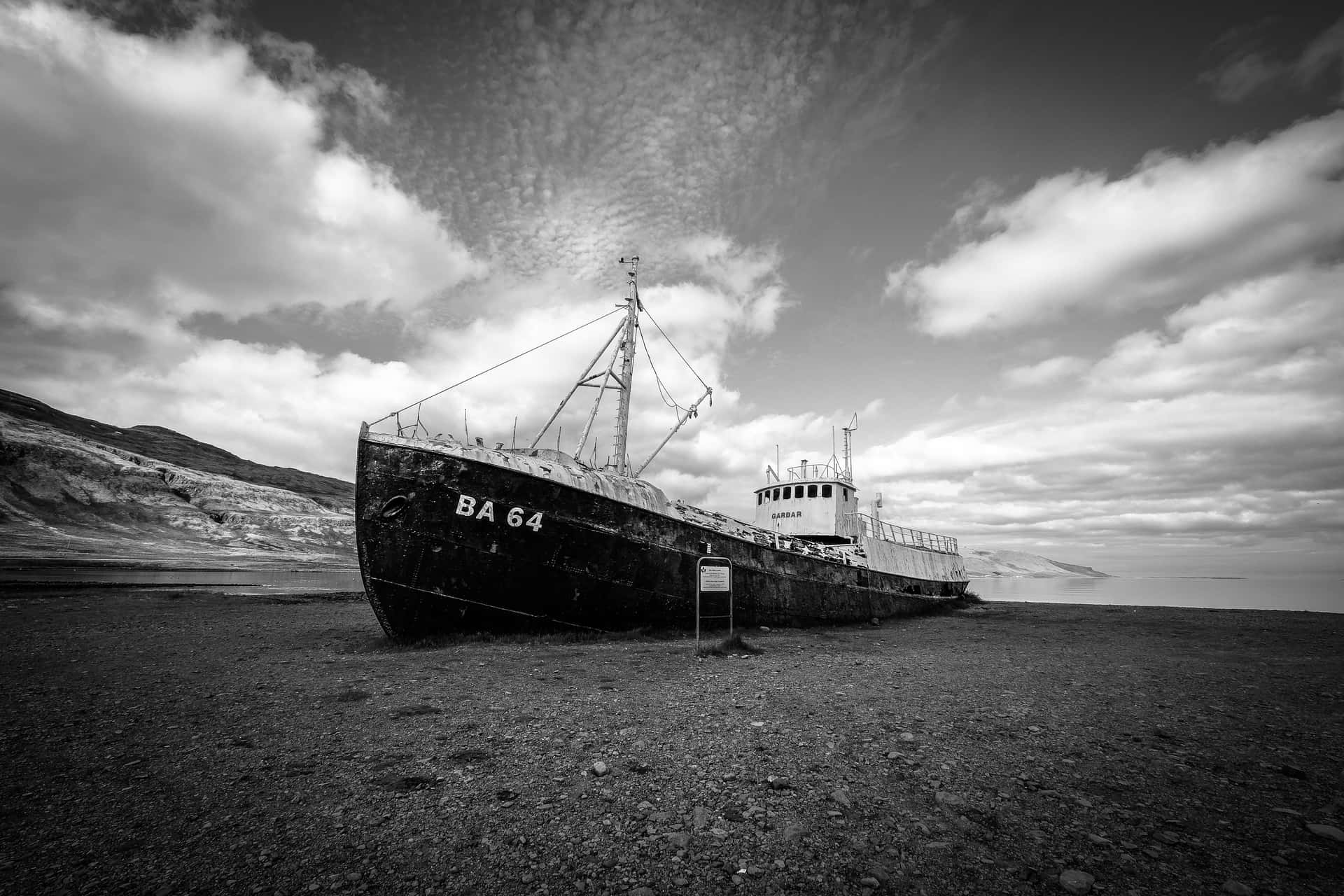 Stranded Ship In Black And White Wallpaper