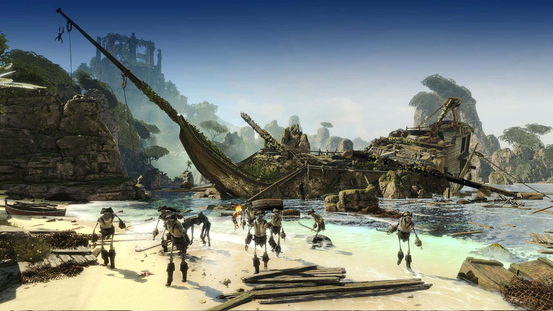 A Screenshot Of A Scene With A Ship And People On The Beach
