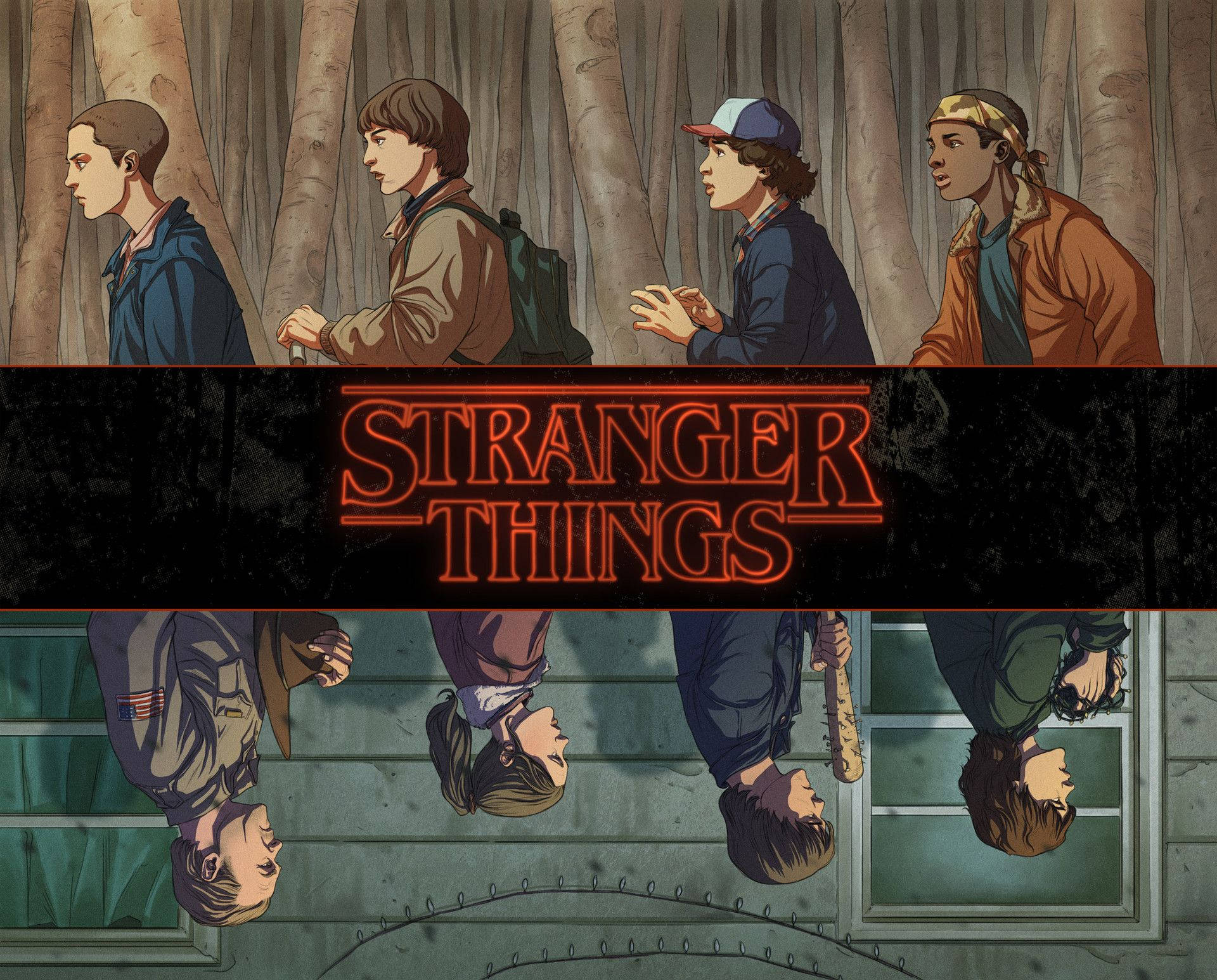 Attention-grabbing cartoon interpretation of Netflix's trend-setting show, Stranger Things Season 3. Wallpaper
