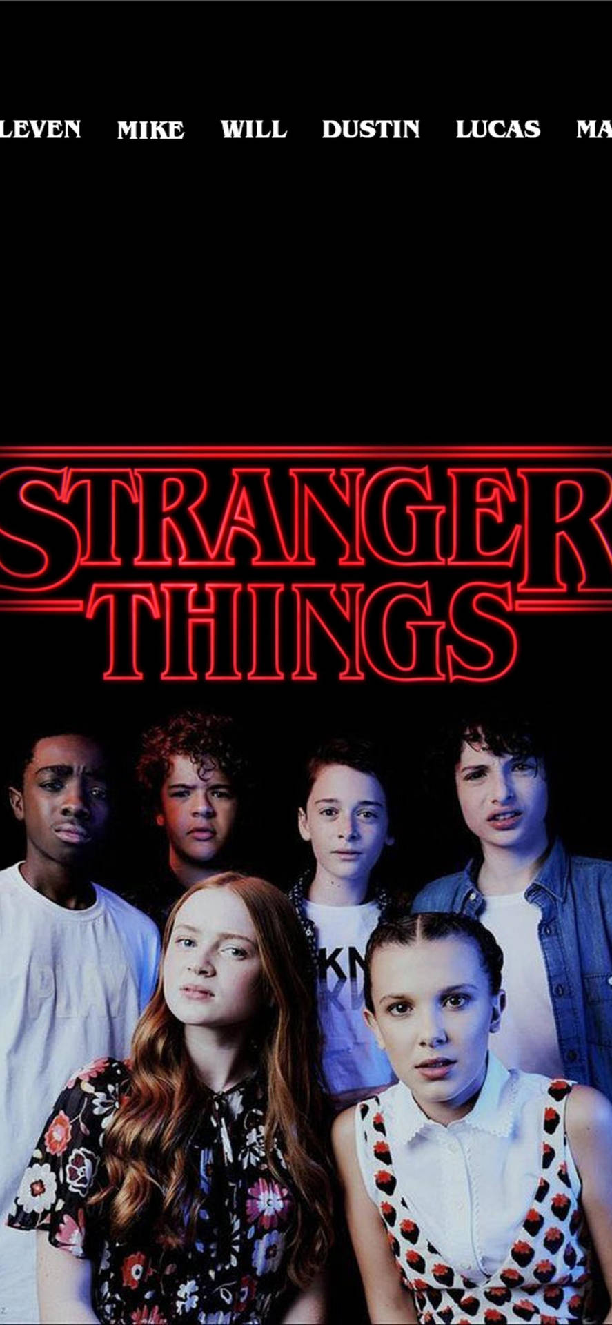 Stranger Things Poster With The Characters Standing In Front Of Each Other Wallpaper