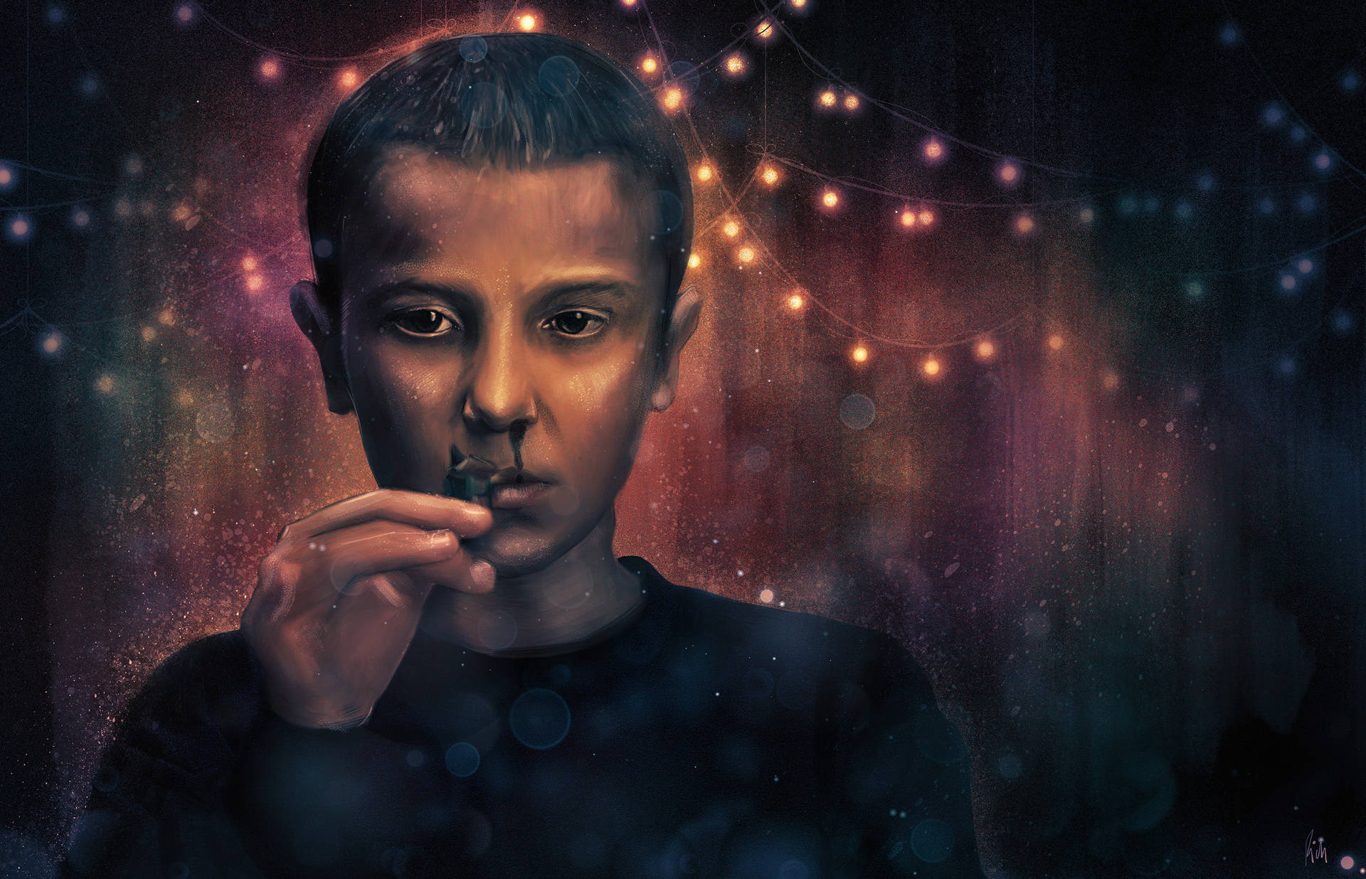Stranger Things Cast Eleven With Lights Wallpaper