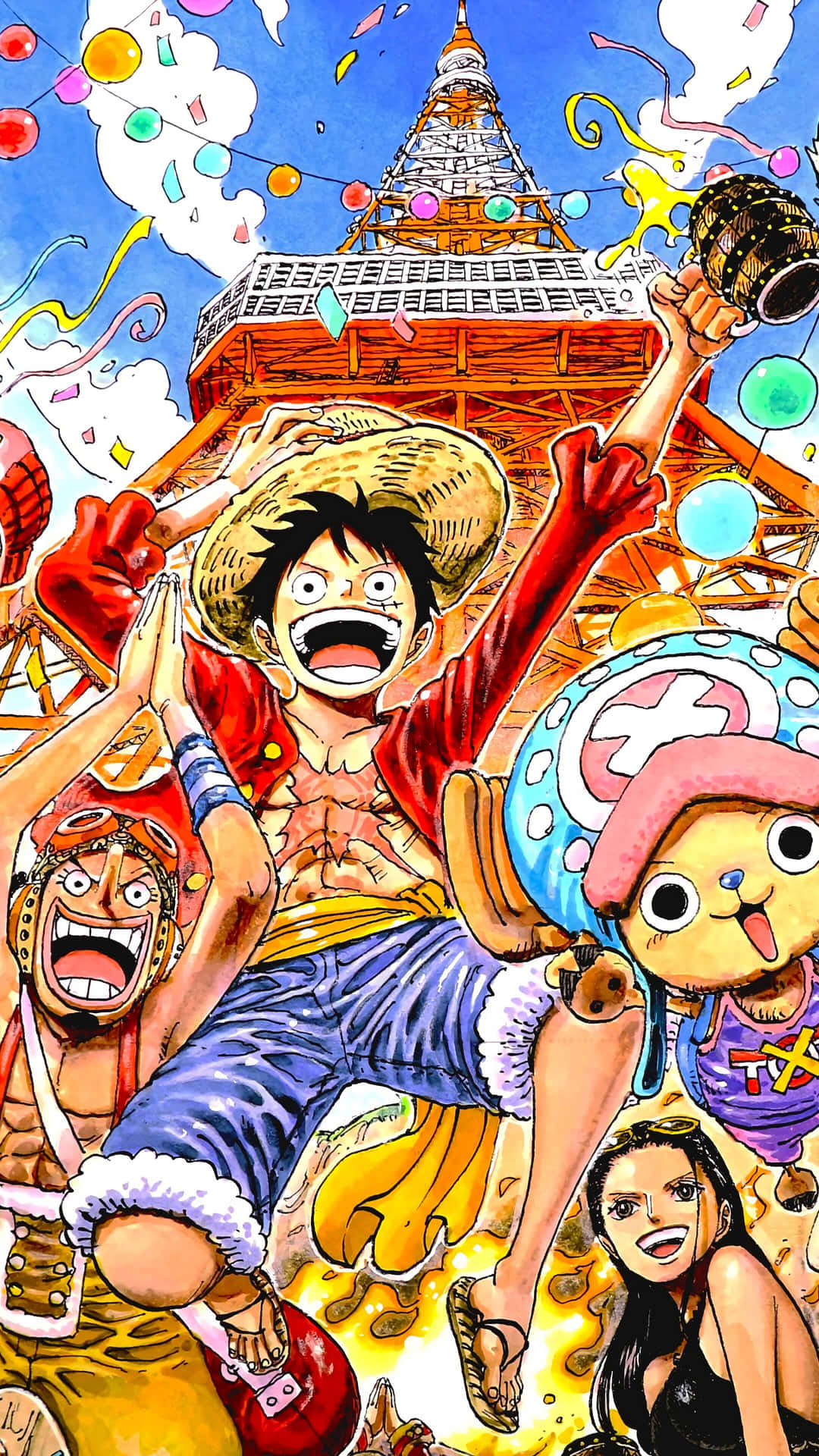 Straw Hat Pirates Celebrating Under A Tower Wallpaper