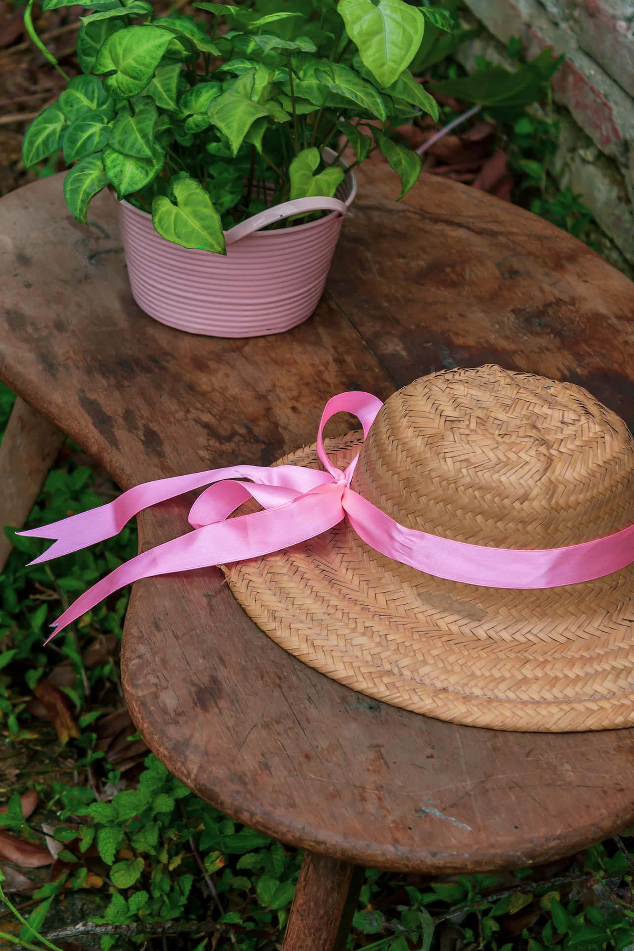 Straw Hatwith Pink Ribbonon Wooden Table Wallpaper