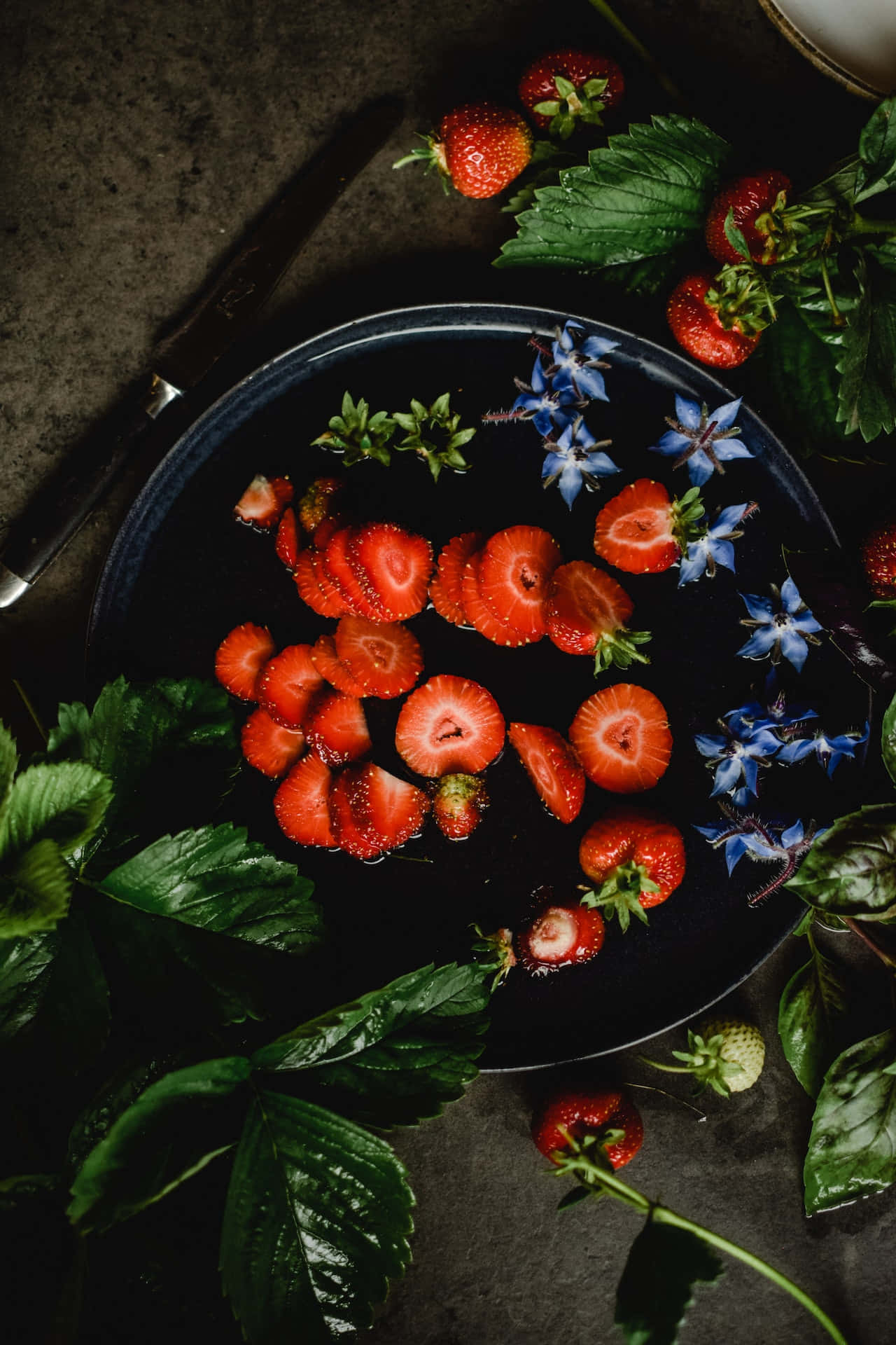Strawberries And Borage Blue Flowers Phone Wallpaper